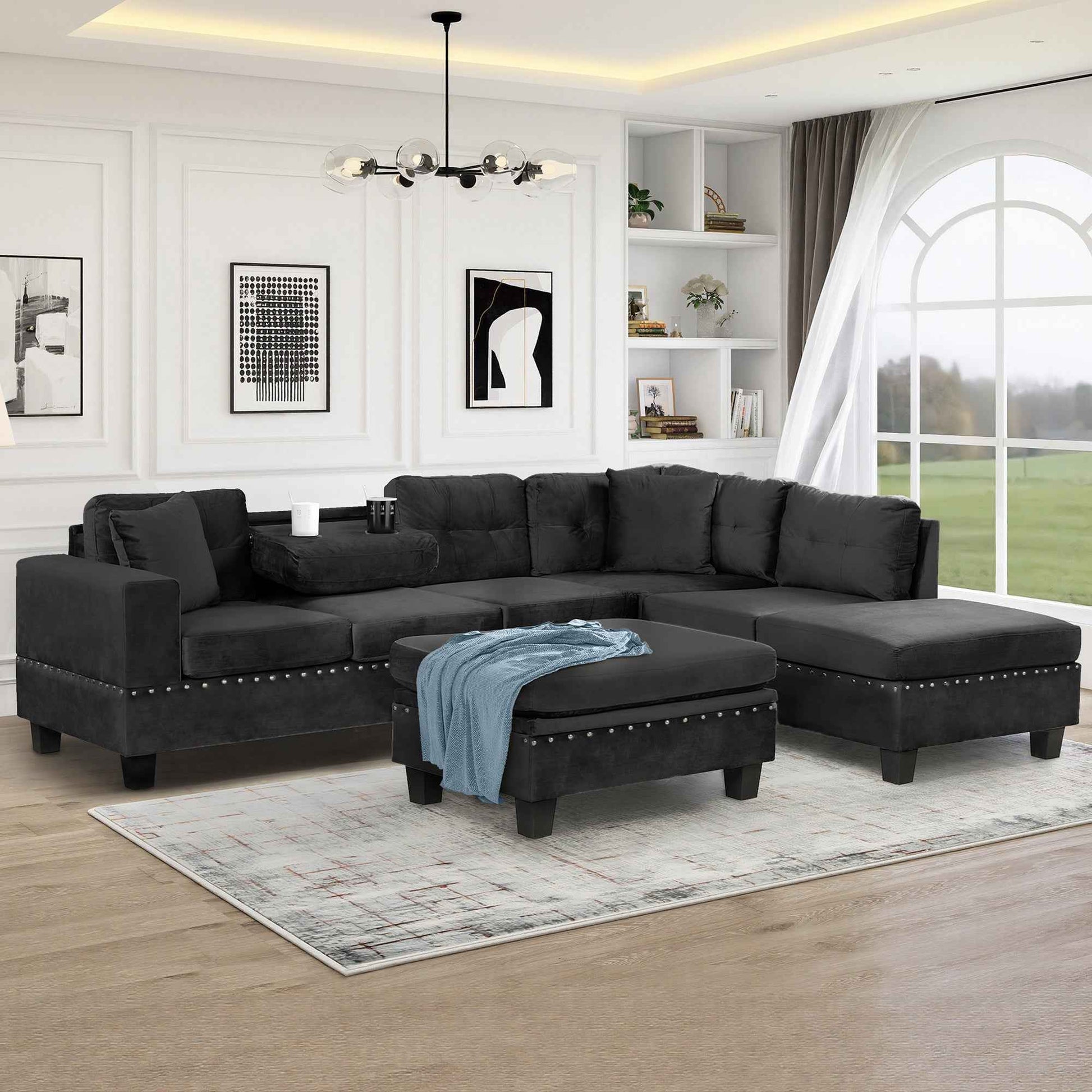 Modern Sectional Sofa with Storage Ottoman, L-Shape Couch with 2 Pillows and Cup Holders, Black Velvet, 105'