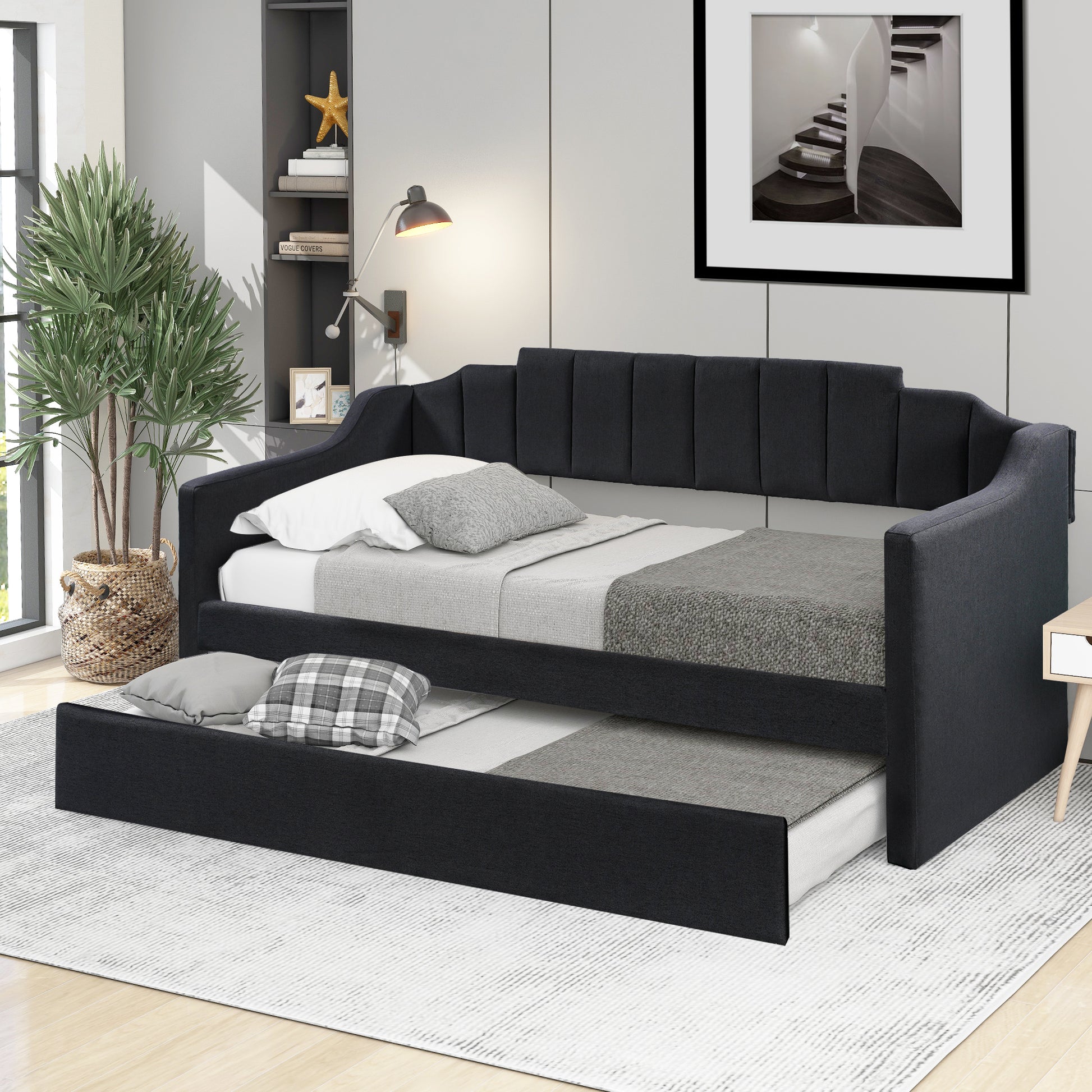 Upholstered Twin Daybed with Trundle,Black - Abrihome