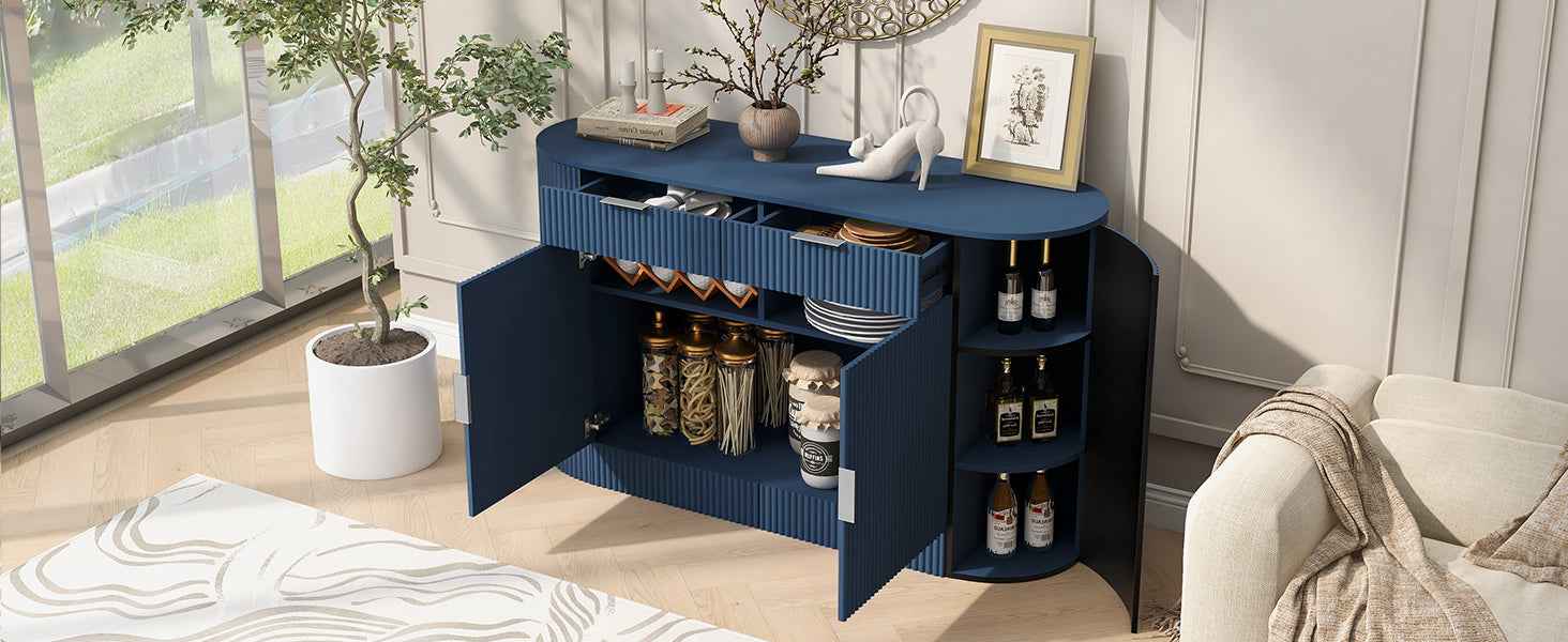 U_STYLE 55.1' Modern Storage Cabinet – 2 Doors & 2 Drawers, Stripe MDF Sideboard with Aluminum Handles, Curved Side Door & 3-Tier Shelves, Buffet Cabinet for Living Room, Bedroom, Dining Room