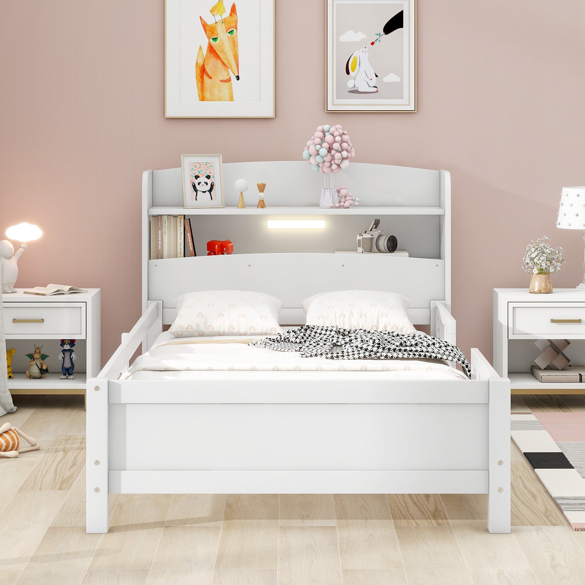 Wood Twin Size Platform Bed with Built-in LED Light, Storage Headboard and Guardrail, White - Abrihome