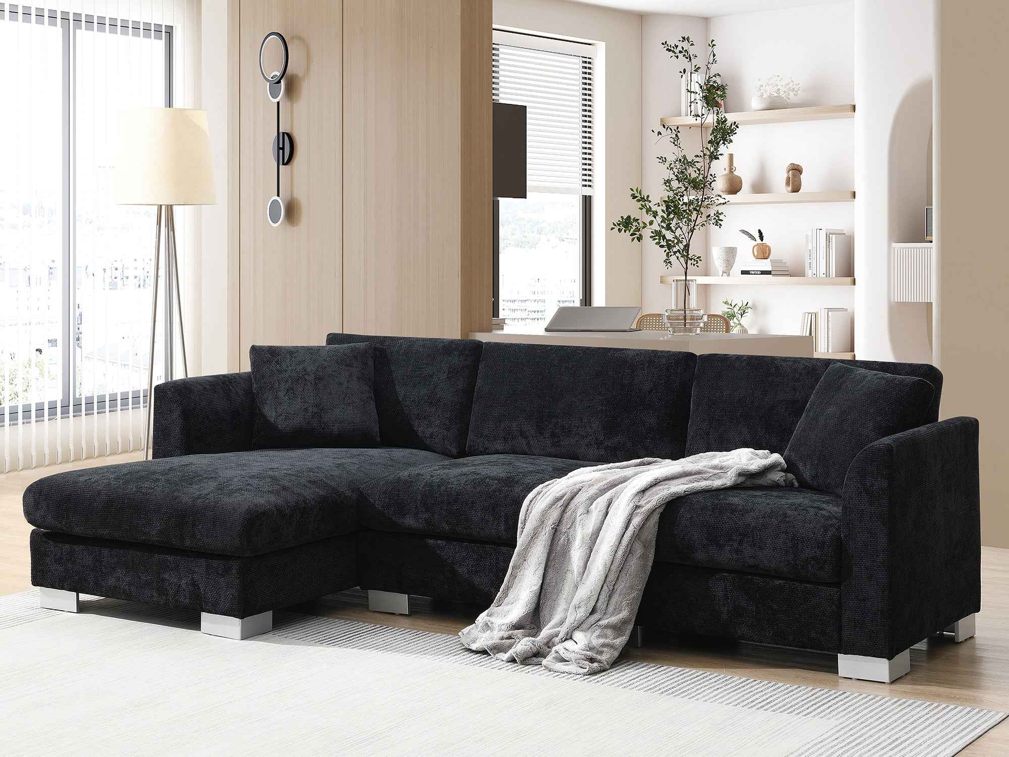 Modern Cloud L-Shaped Sectional Sofa with Chaise, Chenille Fabric, 3 Colors, 96*56 inches
