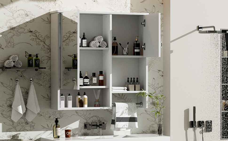 29'' x 28'' Modern Wall Mounted Bathroom Medicine Cabinet, Bathroom Wall Storage Cabinet with Mirror, Over the Toilet Space Saver Cabinet with Towels Bar