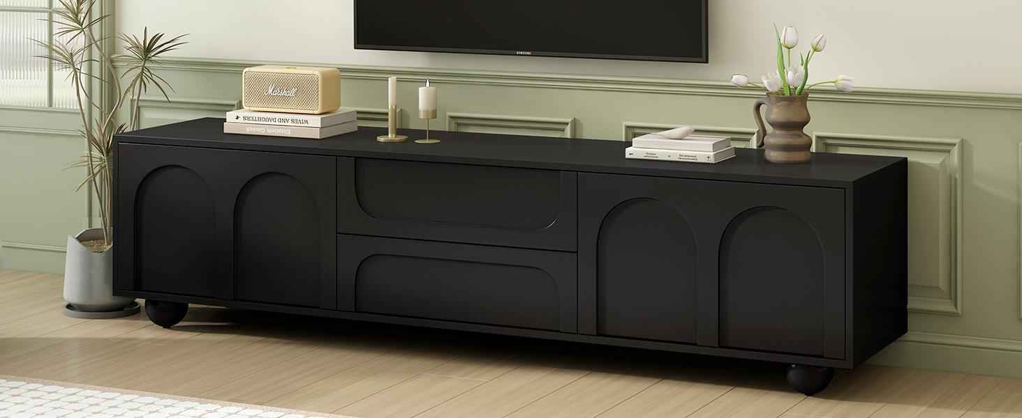 ON-TREND Cream Style TV Stand with Arched Doors & 2 Drawers for TVs up to 75', Minimalist Media Console with Rebound Device, Entertainment Center with 5 Iron Round Legs for Living Room, Bedroom, Black