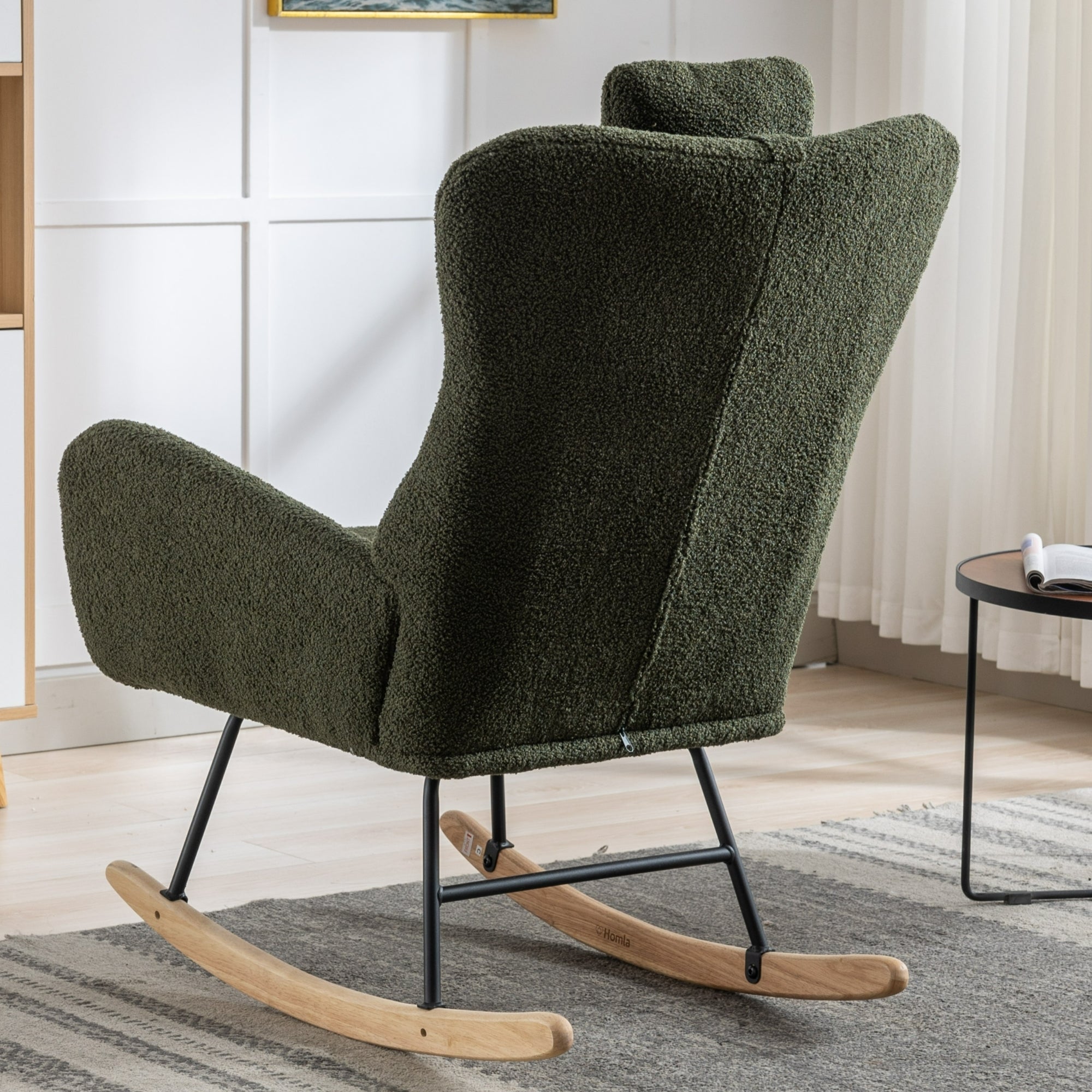 35.5 inch Rocking Chair with Pocket, Soft Teddy Fabric Rocking Chair for Nursery, Comfy Wingback Glider Rocker with Safe Solid Wood Base for Living Room Bedroom Balcony (dark green)