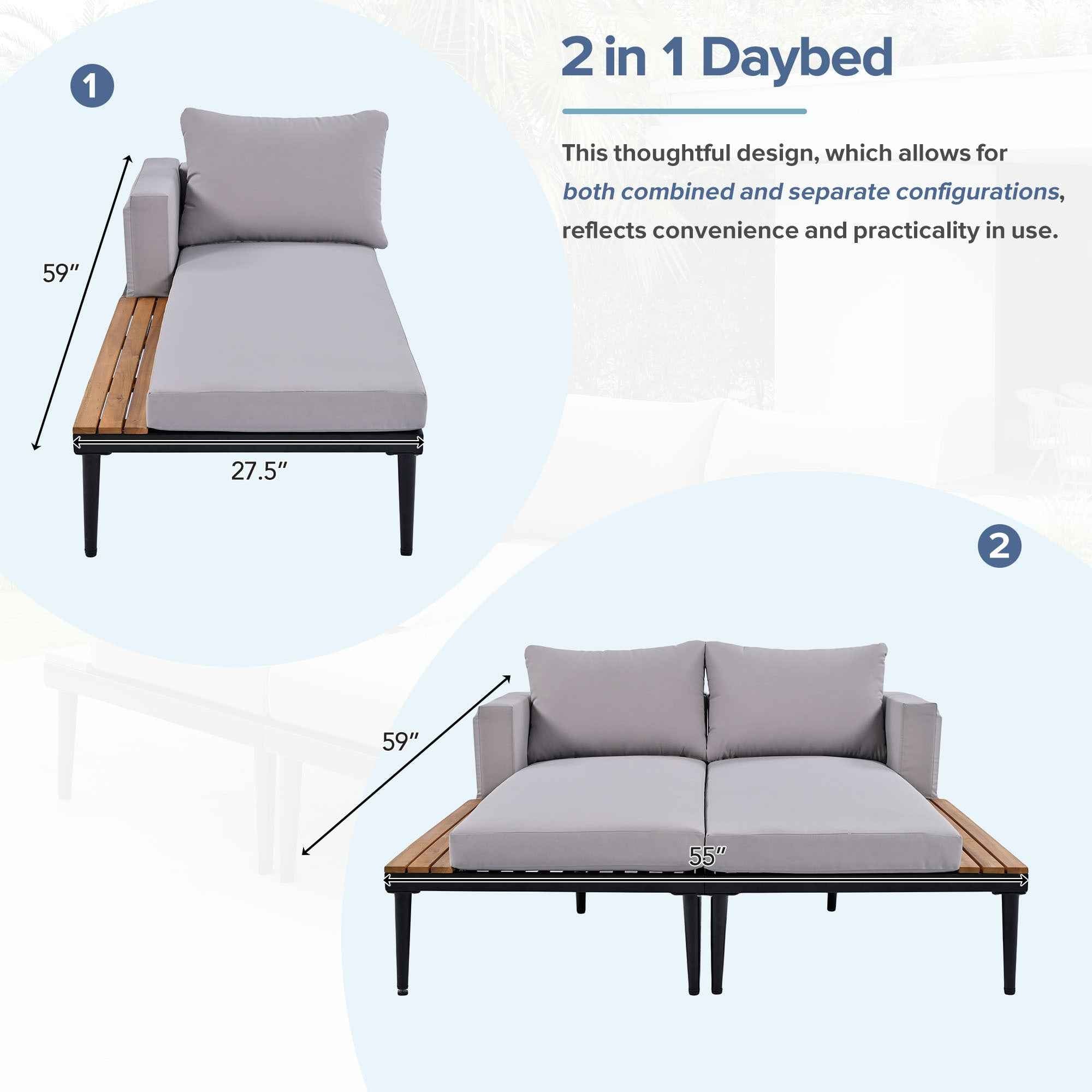 TOPMAX Modern Outdoor Daybed Patio Metal Daybed with Wood Topped Side Spaces for Drinks, 2 in 1 Padded Chaise Lounges for Poolside, Balcony, Deck, Gray