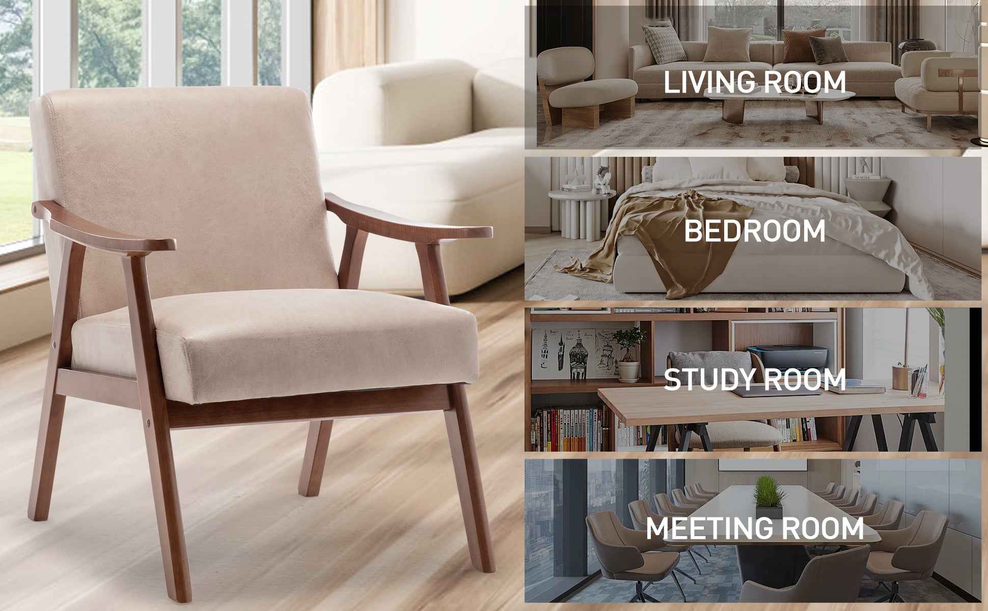 Mid-Century Modern Wingback Accent Chair with Solid Wood Frame and Extra-Thick Backrest – Lounge Chair for Living Room, Bedroom, or Reading Room