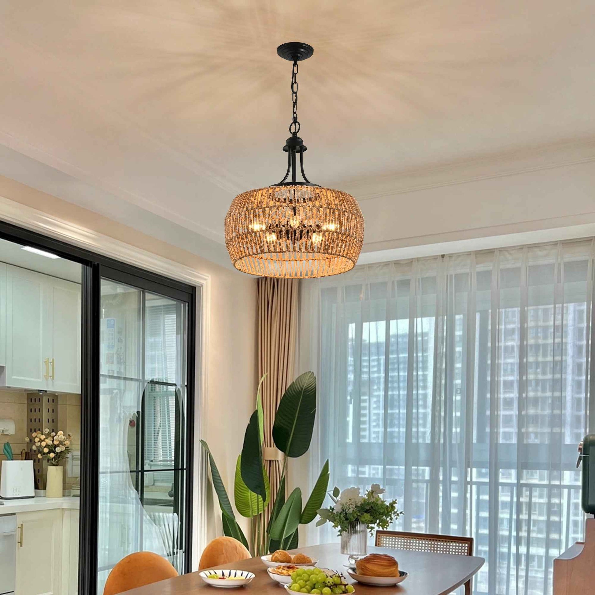 19' Boho Hemp Rope Pendant Light, Hand-Woven Jute Hanging Lamp with Adjustable Chain, Natural Rope Shade Ceiling Light Fixture for Kitchen Island, Dining Room, or Entryway (Bulb Not Included)