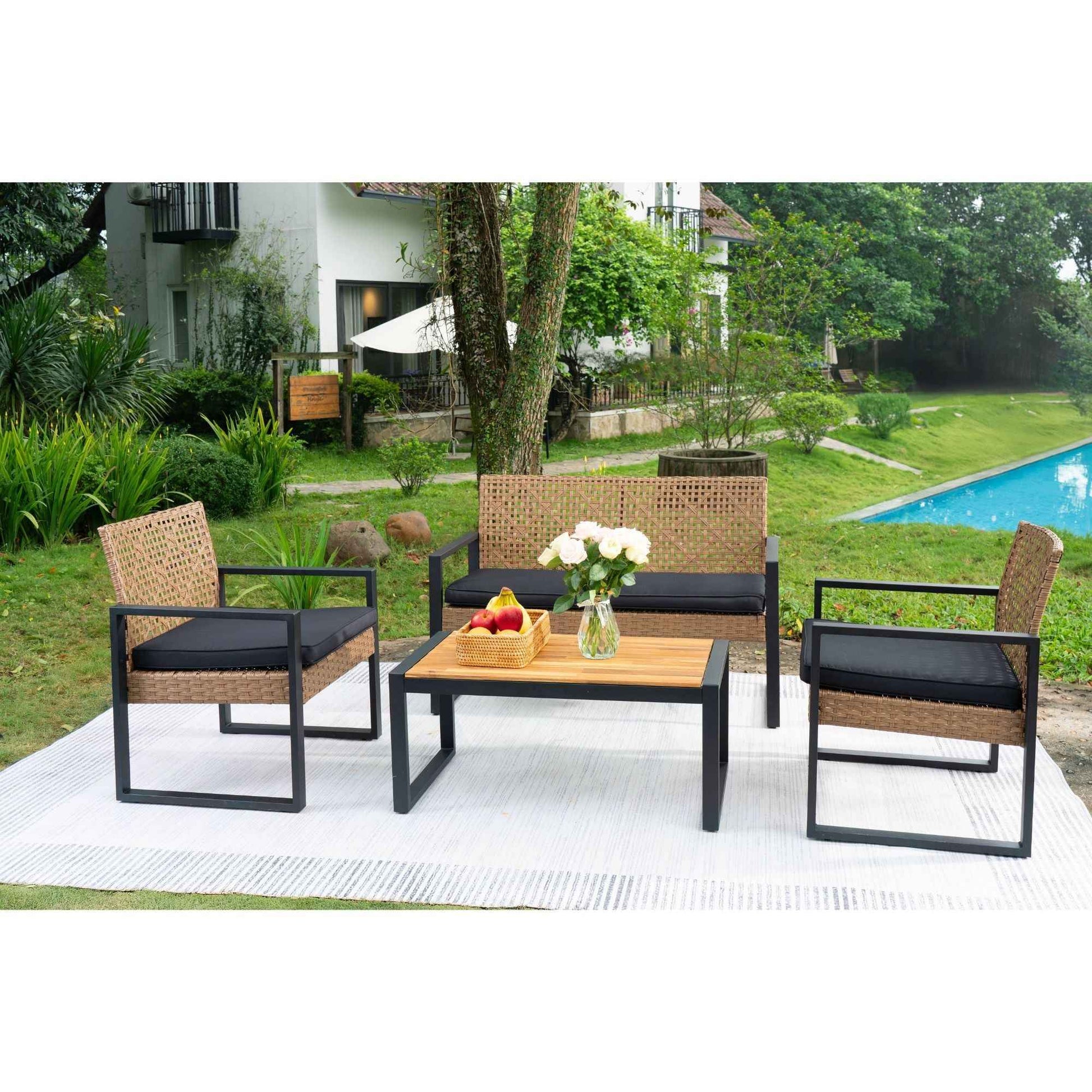 Modern Outdoor 4-Piece Patio Furniture Set with Acacia Wood Table Top, Black and Light Brown