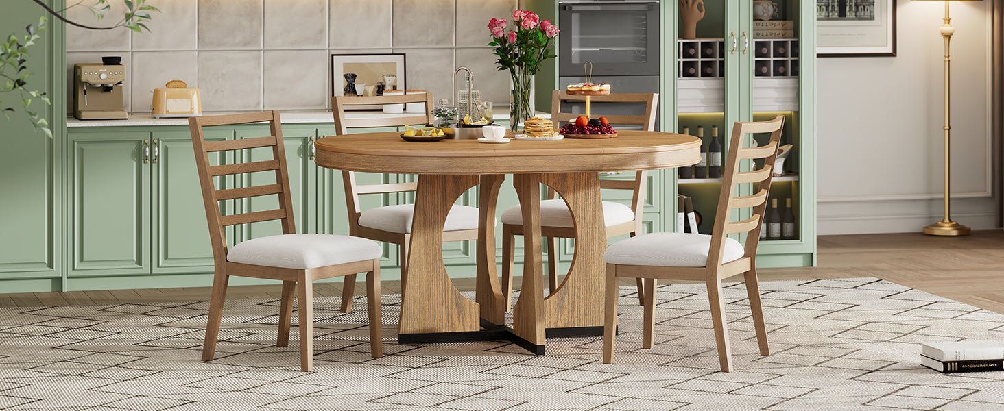 TREXM 5-Piece Retro Rustic Functional Dining Set Unique Geometric Design, 1 Extendable Table with a 16-inch Leaf and 4 Upholstered Chairs Ideal for Dining Room and Kitchen (Natural) - Abrihome