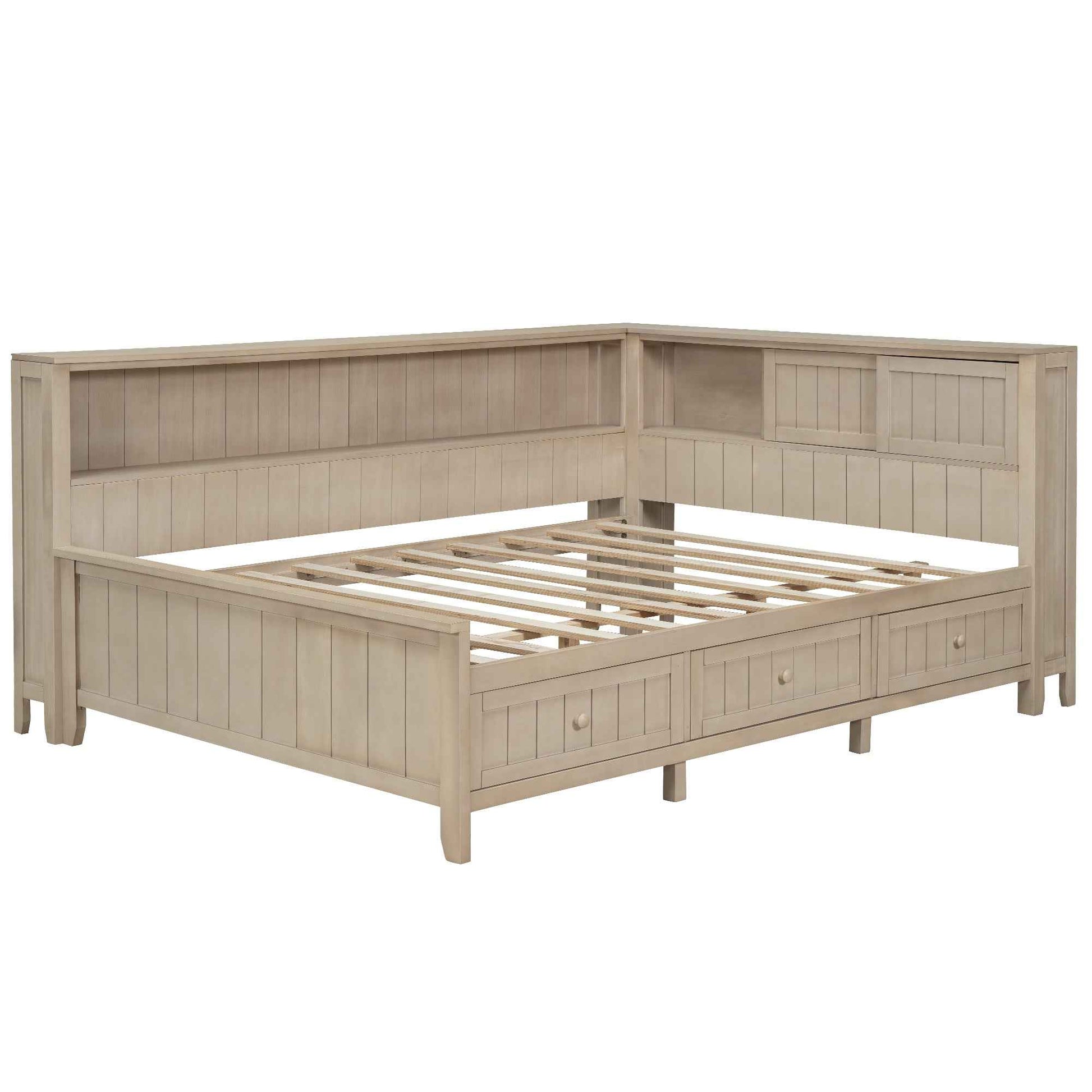 Full Size Wood Daybed with Storage Shelves and 3 Drawers in Antique White Milk Finish, Solid Pine Wood+MDF