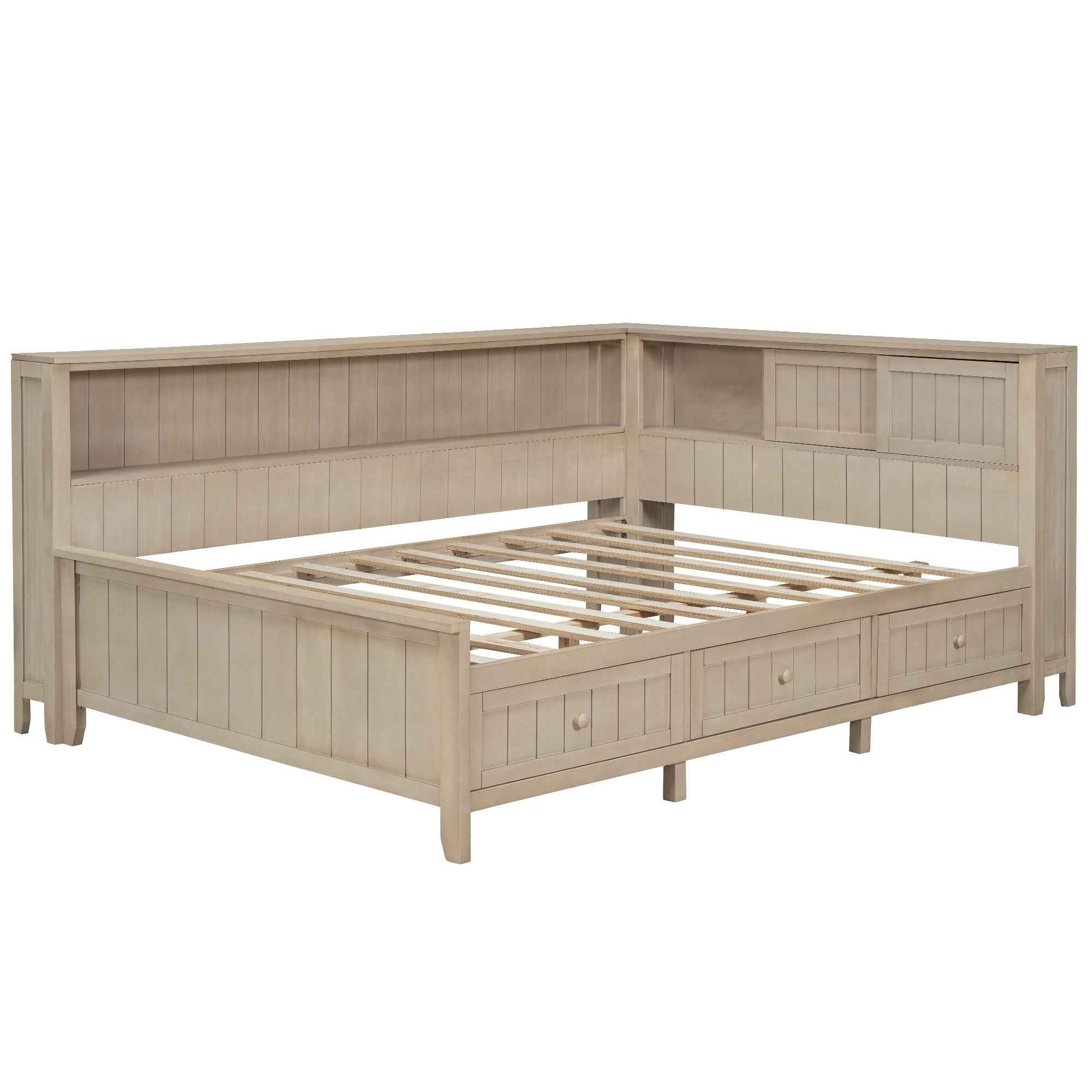 Full Size Wood Daybed with Storage Shelves and 3 Drawers in Antique White Milk Finish, Solid Pine Wood+MDF