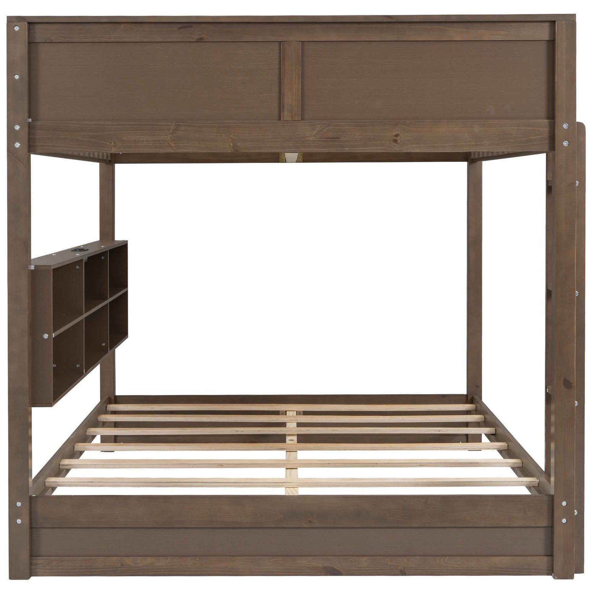 Queen over Queen Bunk Bed with Storage Cabinets and USB Ports in Antique Wood Color, Solid Pine Wood+MDF