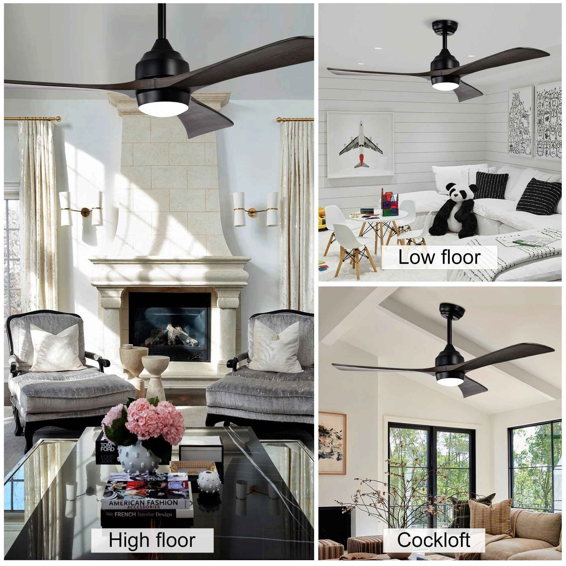 52' Ceiling Fan with Lights Remote Control,Quiet DC Motor 3 Blade Ceiling Fans 6 Speed Levels,Reversible Ceiling Fan, for Patio Living Room, Bedroom, Office,Indoor.(Matte Black +Black Walnut )