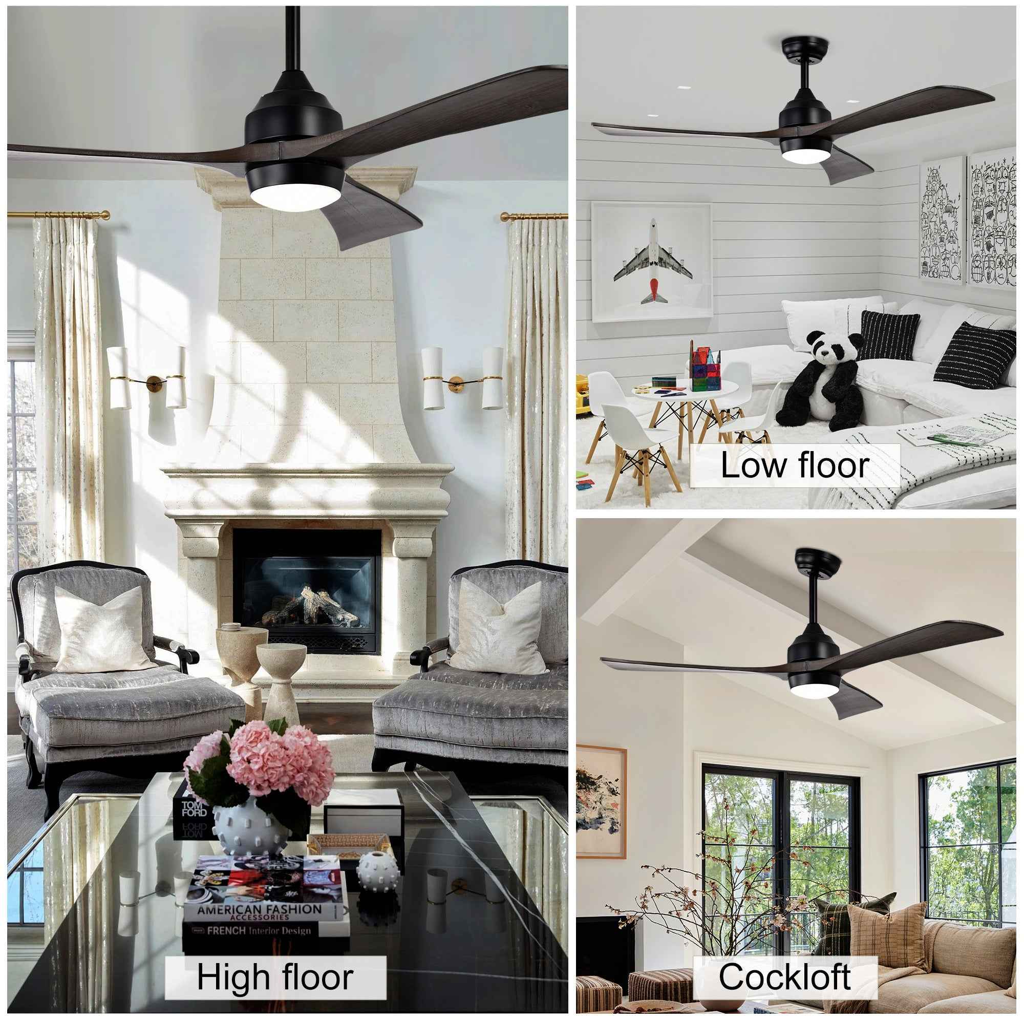 52' Ceiling Fan with Lights Remote Control,Quiet DC Motor 3 Blade Ceiling Fans 6 Speed Levels,Reversible Ceiling Fan, for Patio Living Room, Bedroom, Office,Indoor.(Matte Black +Black Walnut )