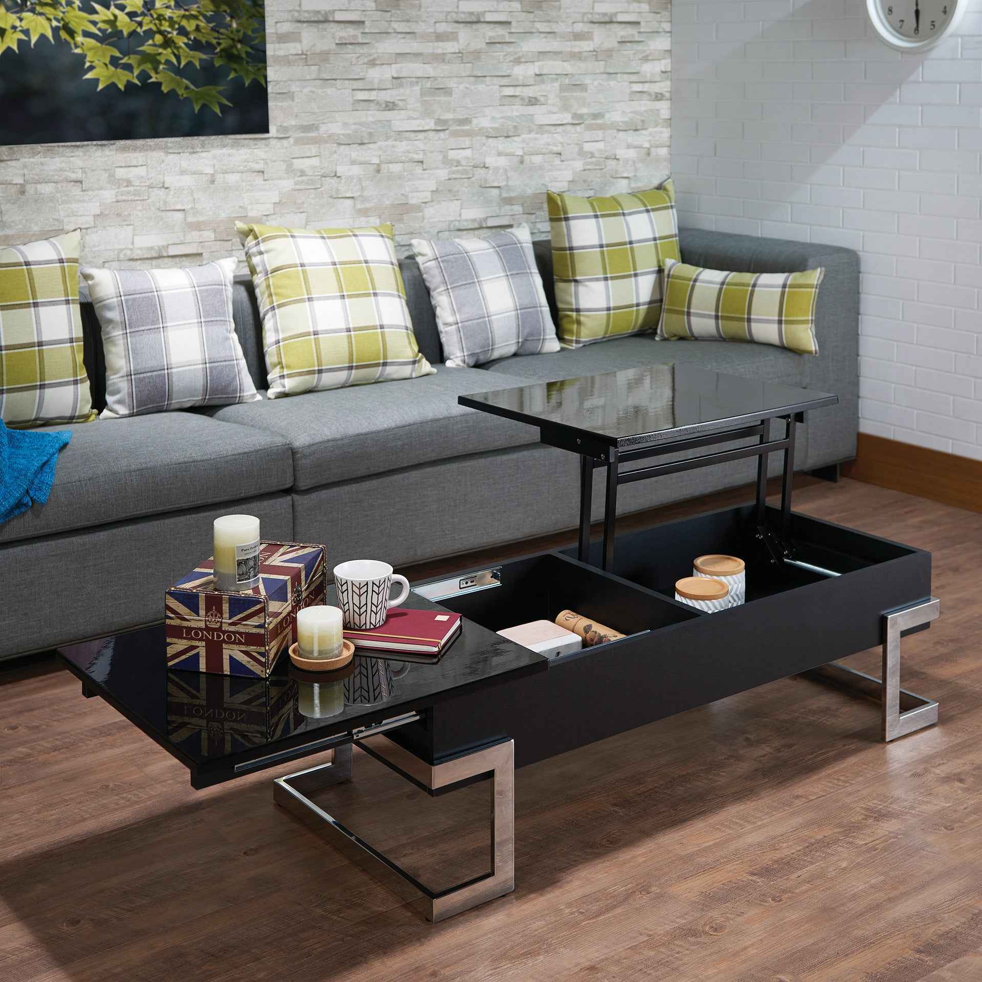 Calmam Black High Gloss & Chrome Finish Coffee Table with Lift Top and Hidden Storage