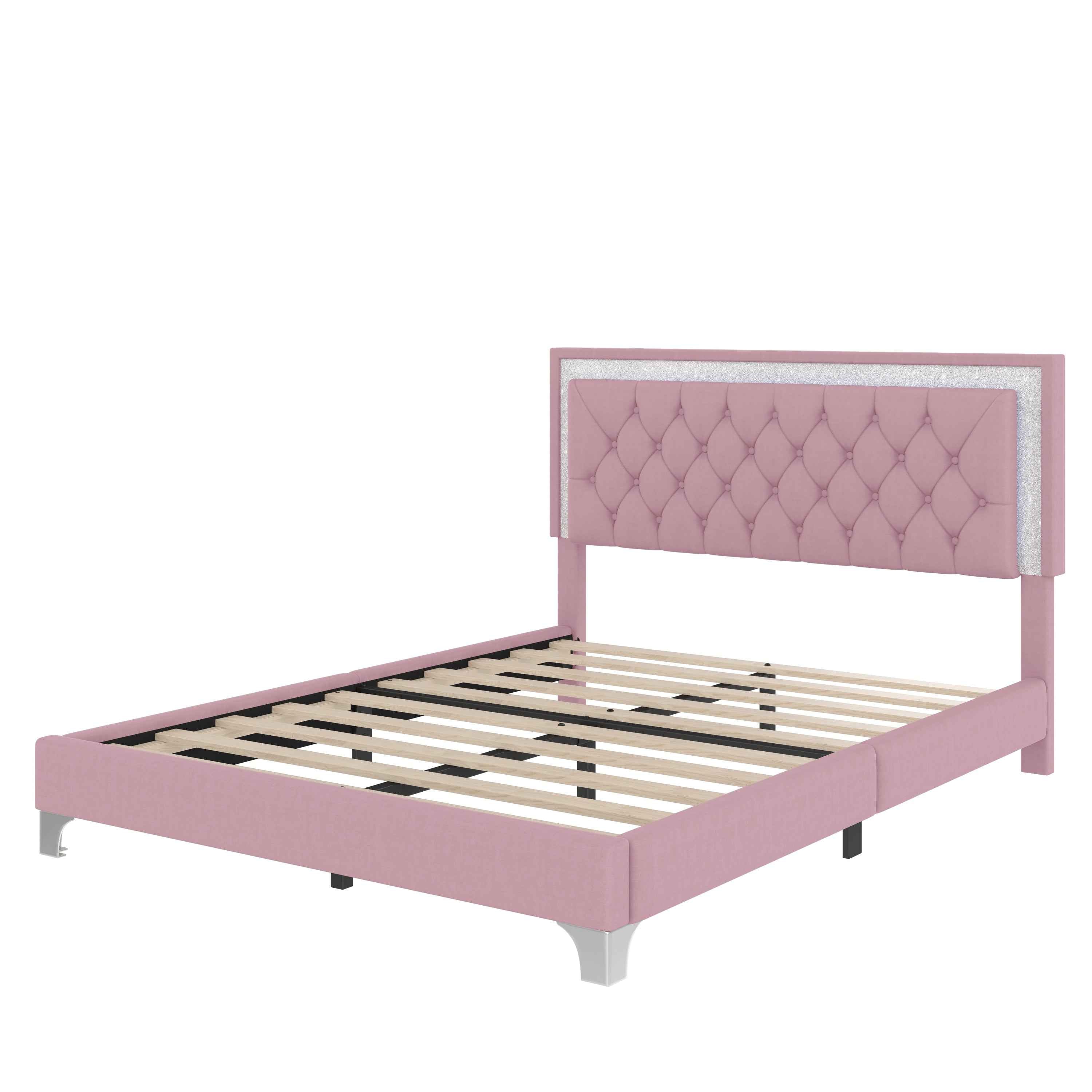 Queen Size Upholstered Bed Frame with LED Lights,Modern Velvet Platform Bed with Tufted Headboard,Pink