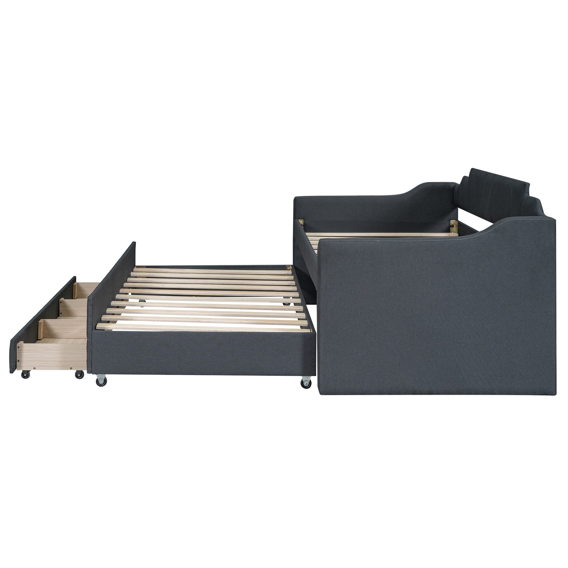 Twin Size Upholstered Daybed with Trundle and Three Drawers,Grey - Abrihome