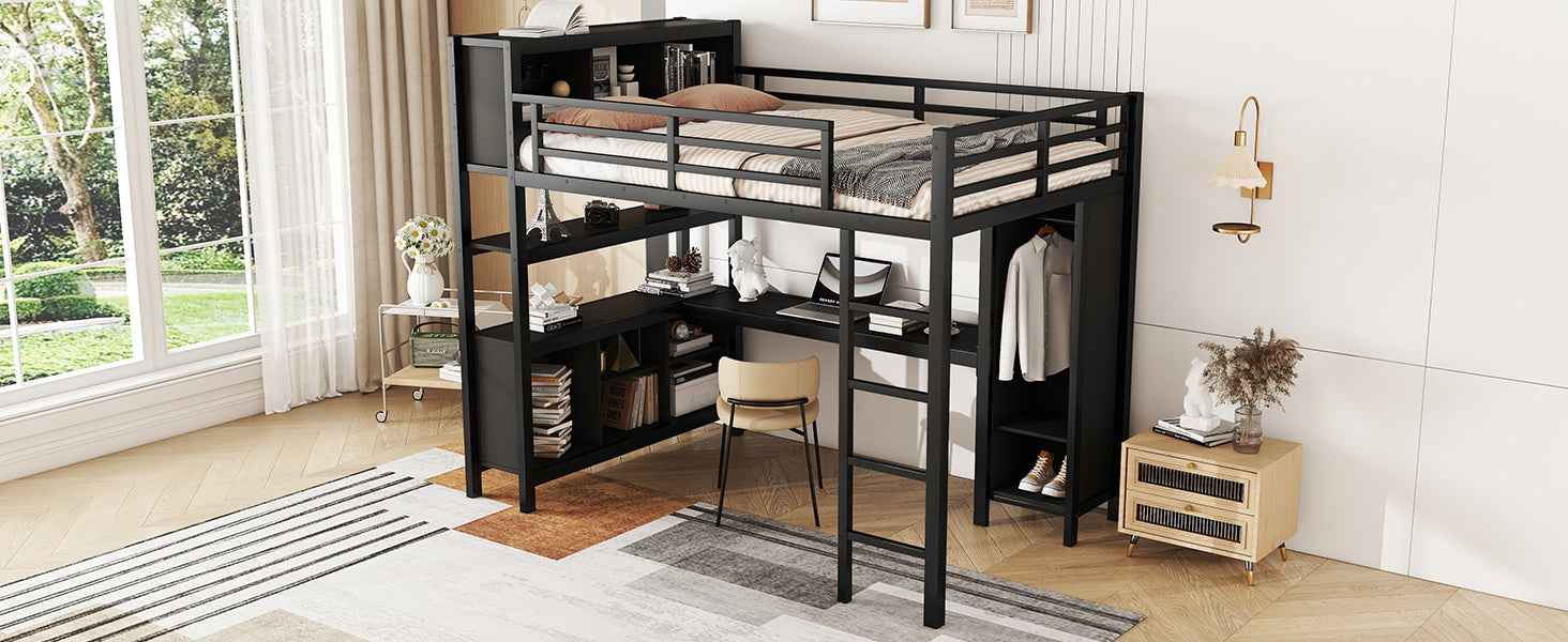 Metal Loft Bed with Wardrobe And L-shaped Desk, Full Size Loft Bed with Storage Cubes and Shelves, Heavy Duty Loft Bed for Kids Teens Adults, Black