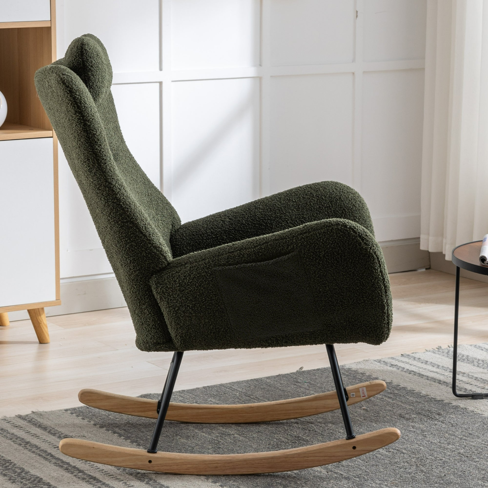 35.5 inch Rocking Chair with Pocket, Soft Teddy Fabric Rocking Chair for Nursery, Comfy Wingback Glider Rocker with Safe Solid Wood Base for Living Room Bedroom Balcony (dark green)