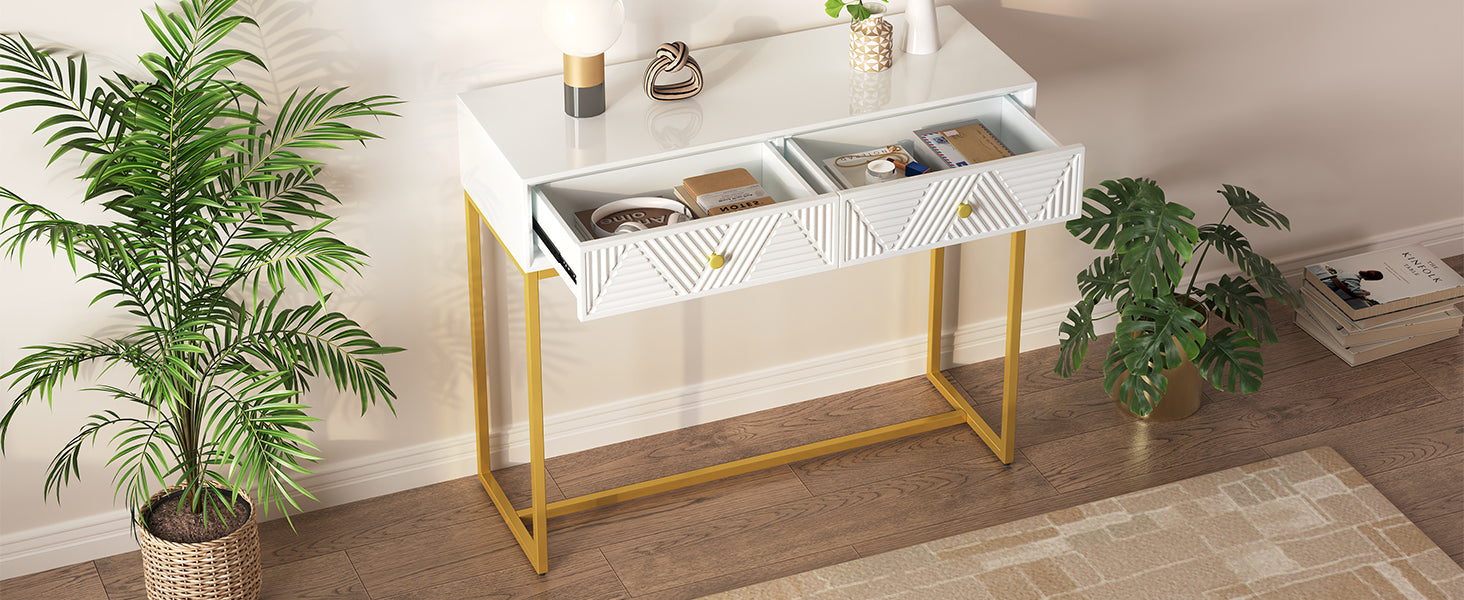 TREXM Modern Sleek Console Table Two Drawers with Stripe Design for Living Room and Entryway (White)