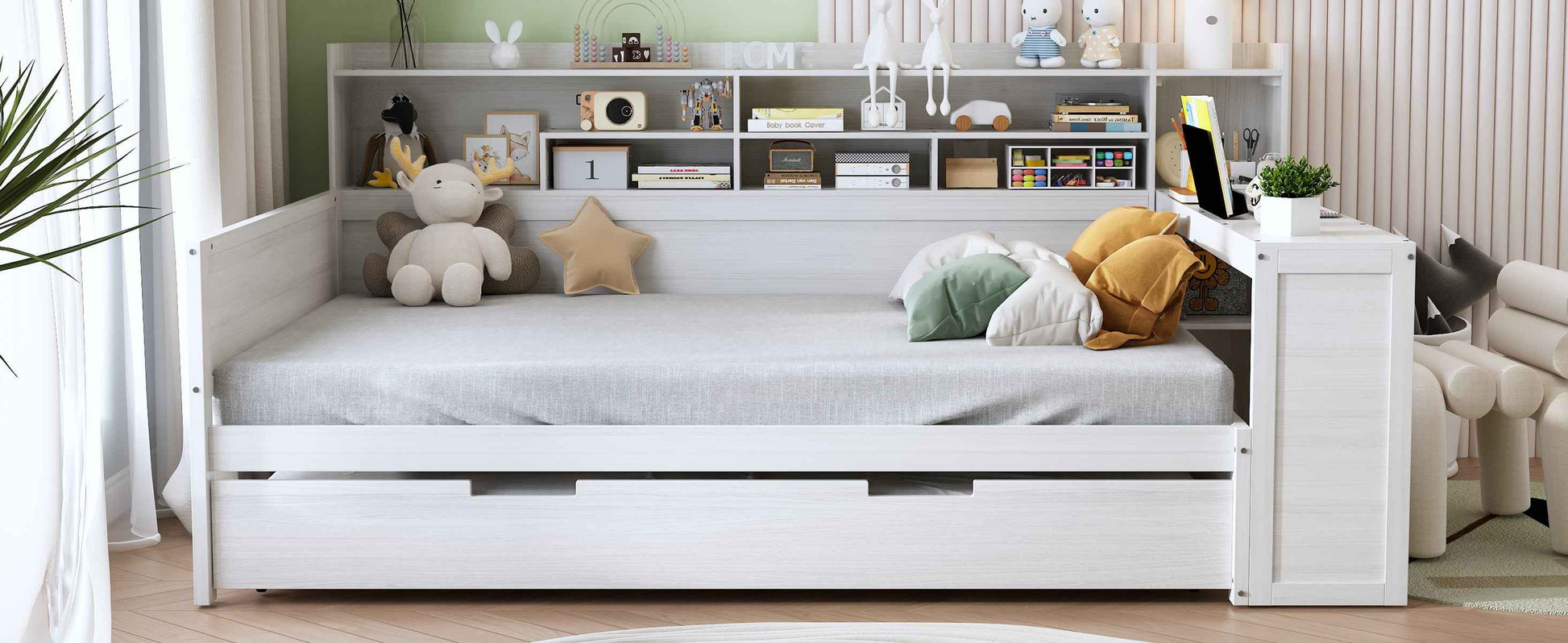 Wooden Full Size Daybed with Storage Shelves, Multi-functional Bed with Twin Size Trundle Bed and  Study Desk, Antique White