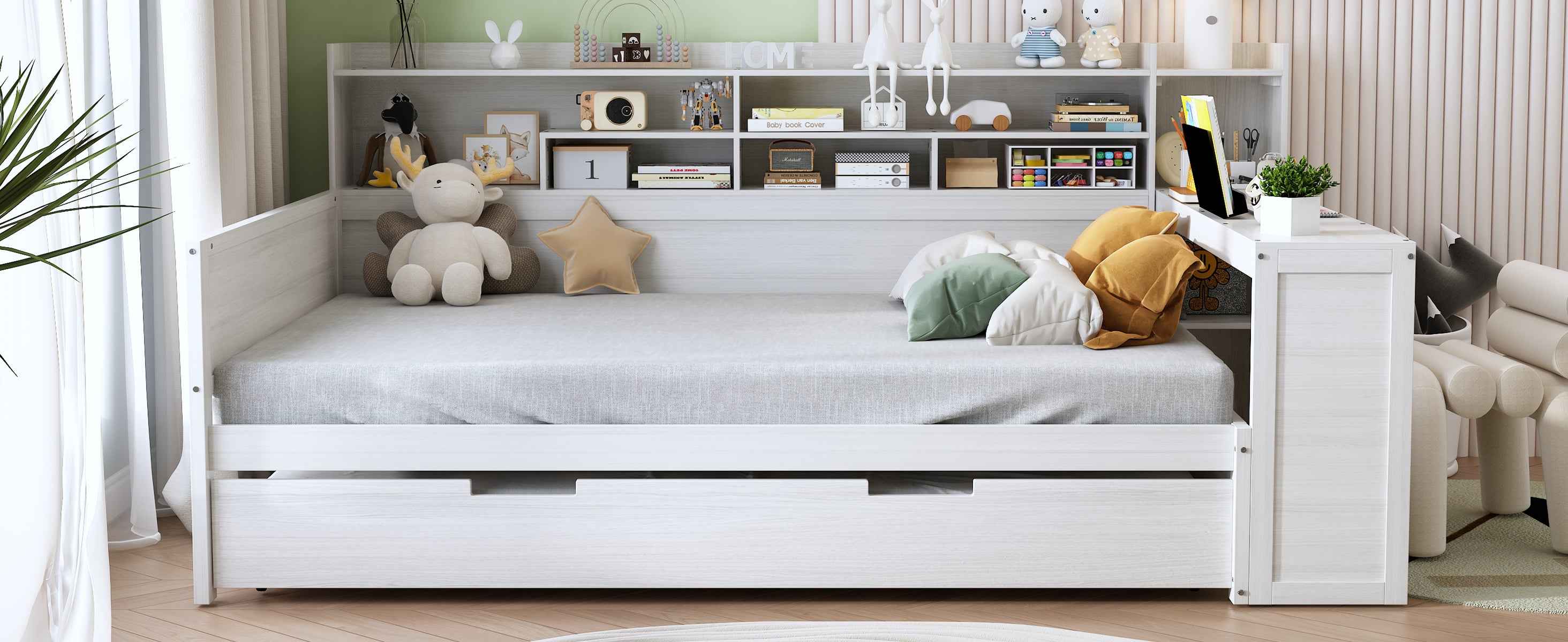 Wooden Full Size Daybed with Storage Shelves, Multi-functional Bed with Twin Size Trundle Bed and  Study Desk, Antique White
