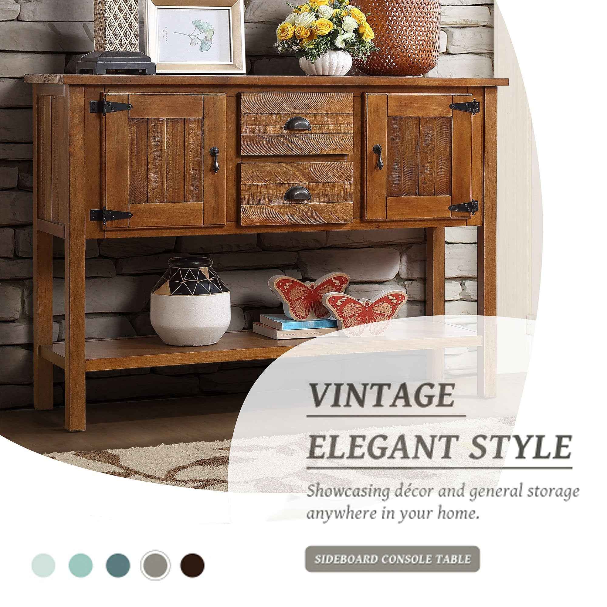 46'' Solid Wood Sideboard Console Table with 2 Drawers and Cabinets and Bottom Shelf, Retro Style Storage Dining Buffet Server Cabinet for Living Room Kitchen Dining Room(Brown)
