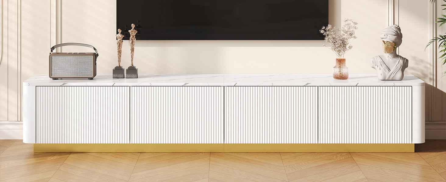 ON-TREND Luxury Fluted TV Stand for TVs Up to 85', Faux Marble Tabletop Media Console with 4 Drawers, Curved Profile Design, Modern Entertainment Center with Gold Base for Living Room, White