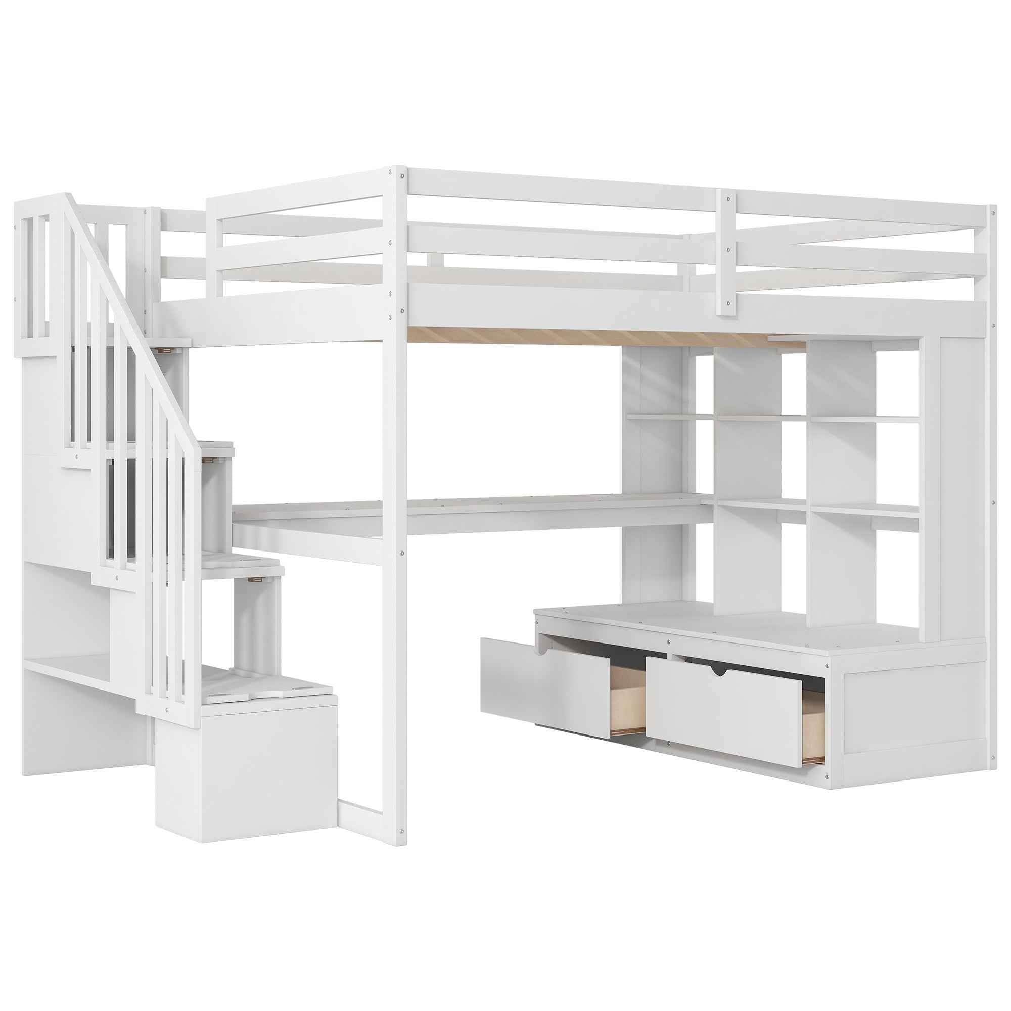 White Full Size Loft Bed with Built-in Desk, Shelves, Two Drawers, Storage Staircase, Solid Pine Wood and MDF