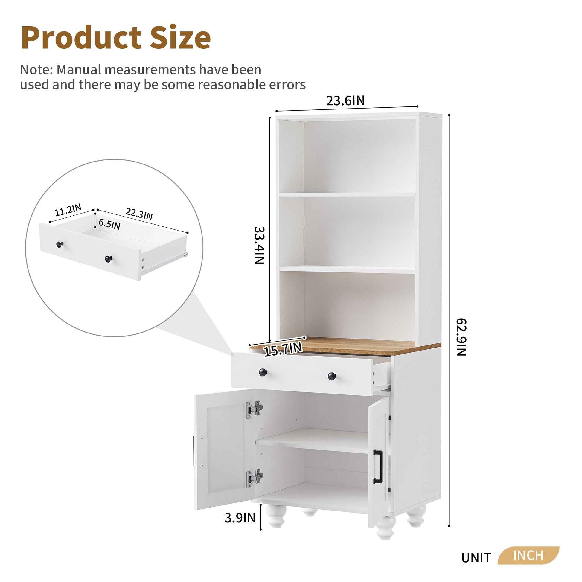 ON-TREND Farmhouse Storage Cabinet with 4 Solid Wood Gourd-Shaped Legs, Modern Kitchen Pantry Cabinet with Adjustable Shelves, 5 Tier Bookshelf with Drawer for Living Room, White