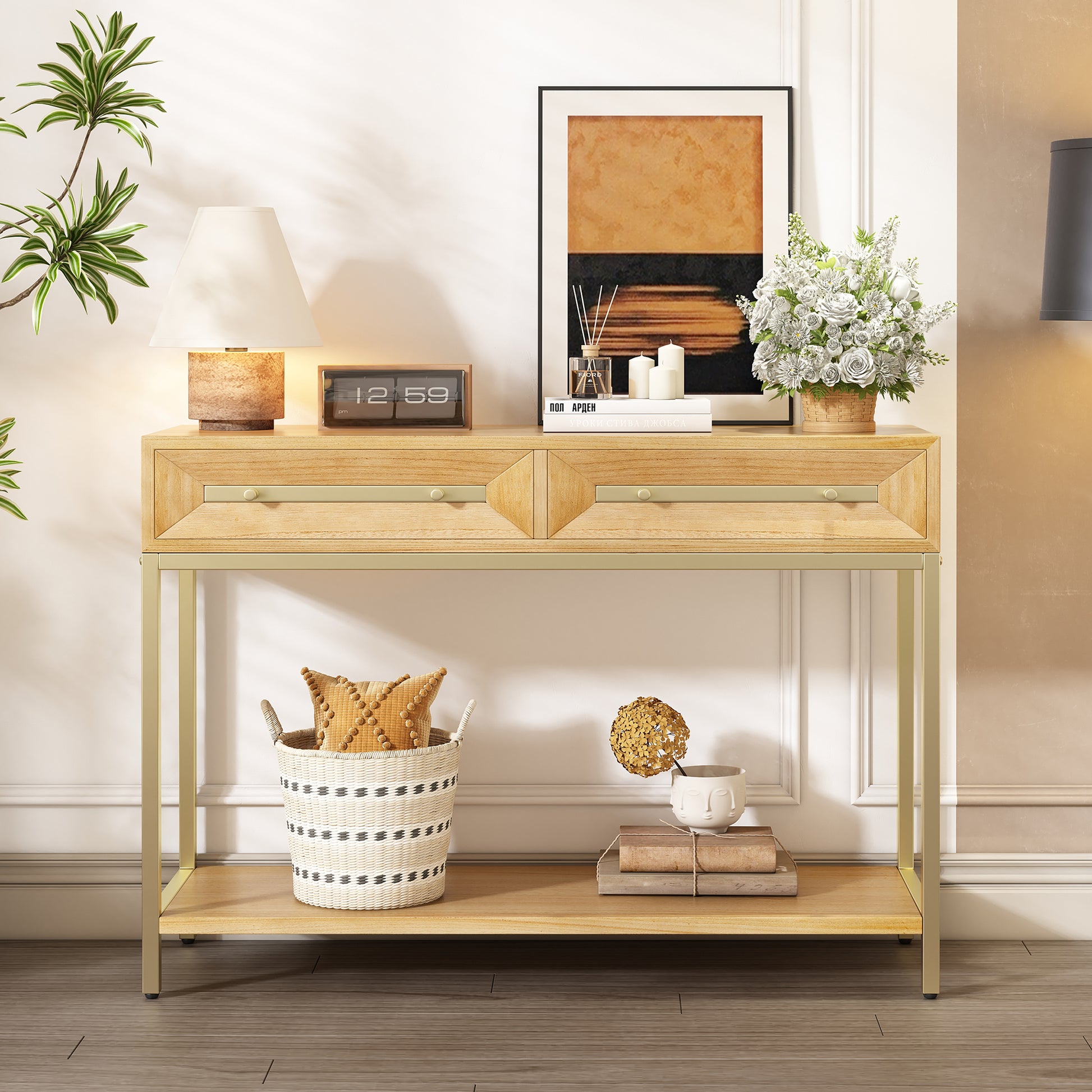 TREXM Entryway Table, Console Table with Two Drawers, Retro Hallway Table with Striking Geometric Design for Entryway and Living Room (Natural) - Abrihome