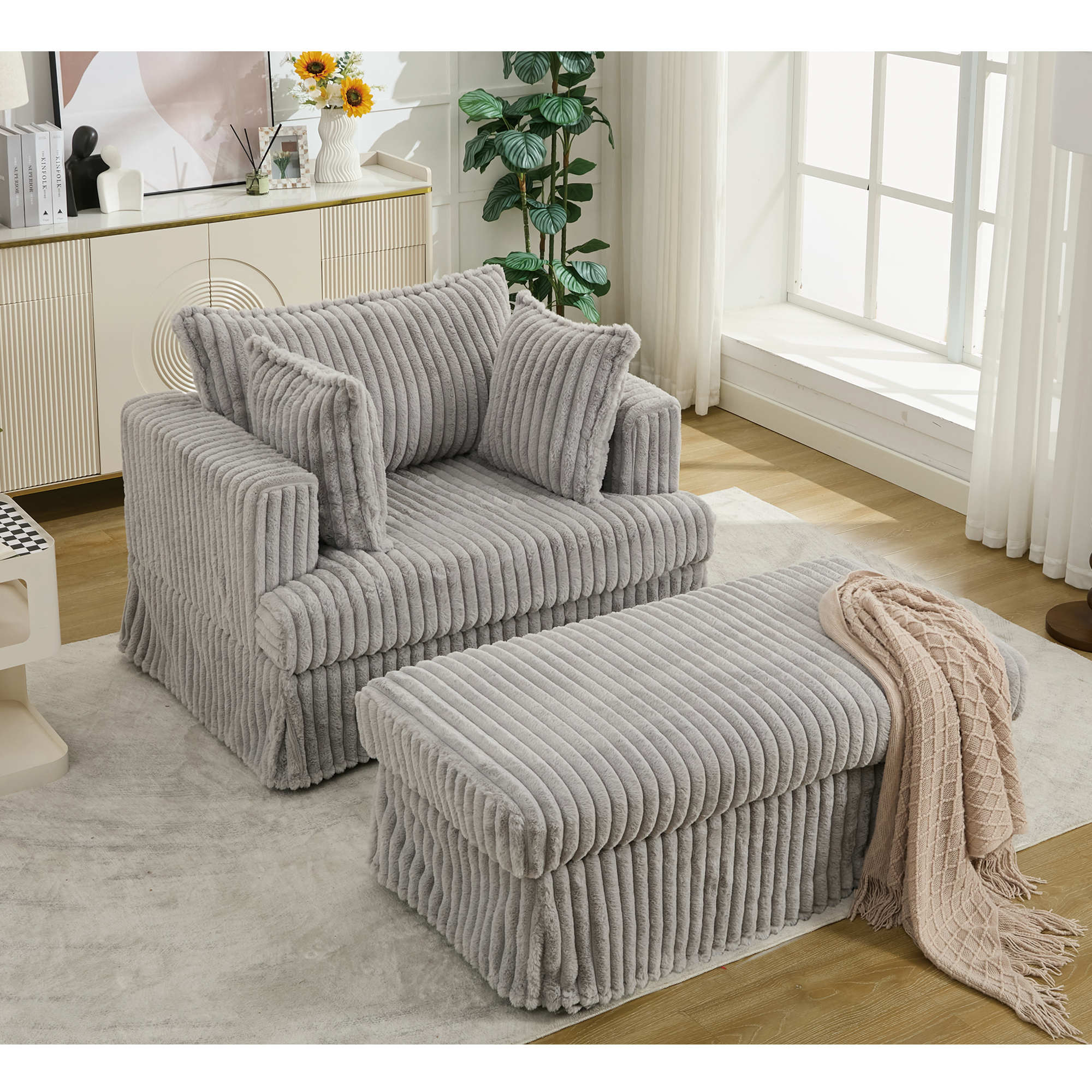 [NEW ARRIVED] 47.7'' Oversized Corduroy Chaise Longue with Ottoman,  Deep Seat  Reclining Chair Sofa, Comfy Thicked Upholstered Pad Chair ,with Foot Stool ,OVERSIZE, Movable Ottoman,Light Gray