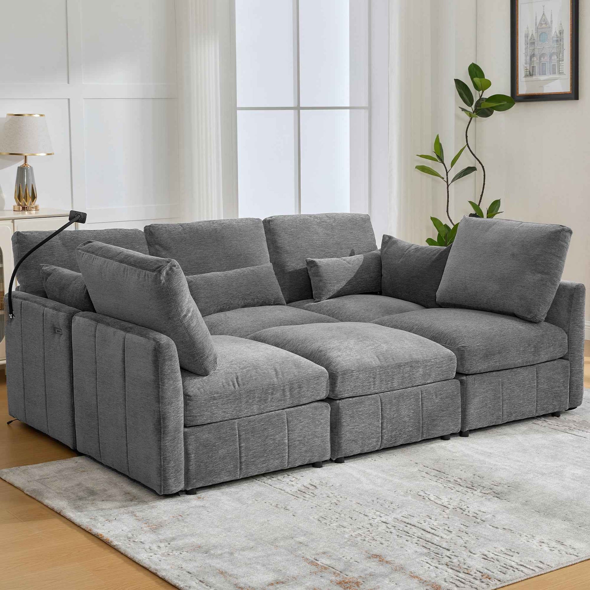 Modern Sectional Sofa Modular Sofa with Movable Ottoman, USB Ports & Phone Holder, Grey Chenille, 85.4'