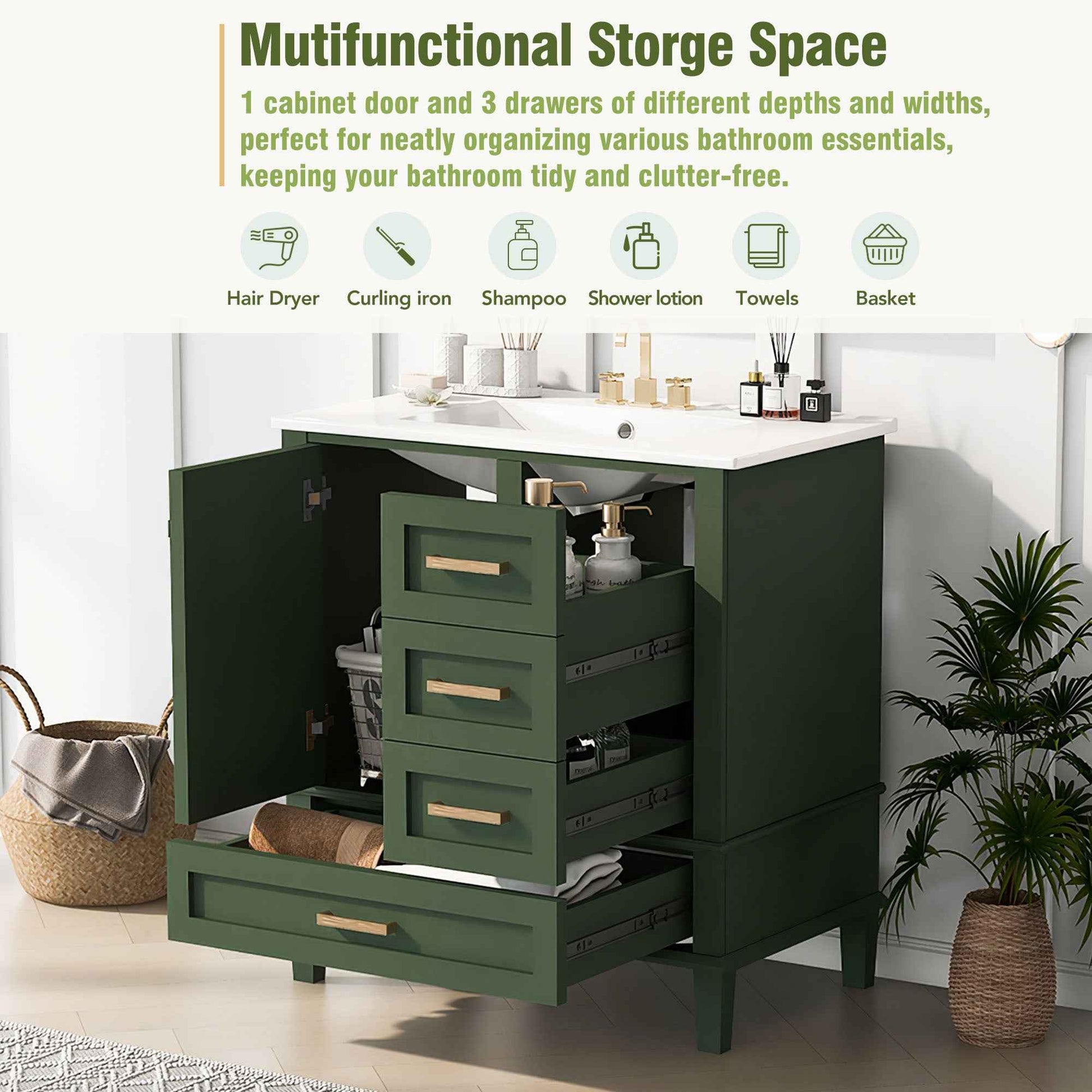 Modern Bathroom Vanity with Sink Combo Set, Solid Wood Frame, Green, 30 Inches