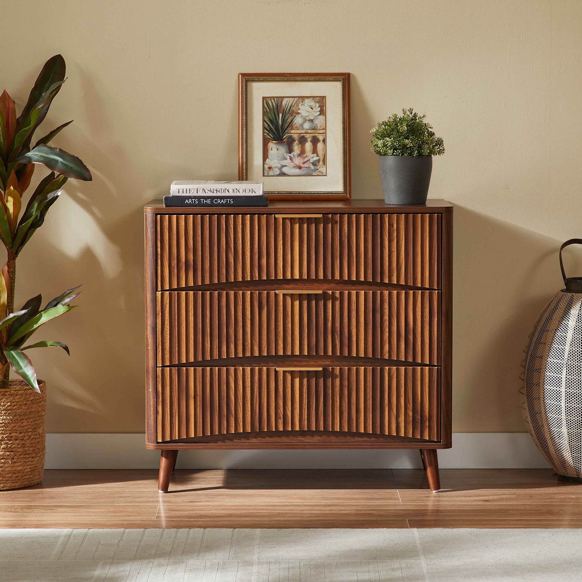 Fluted 3 Drawer Dresser Set of 2, Mid-Century Modern Tall Chest of Drawers with Vertical Grooved Design, Solid Wood Storage Cabinet with Metal Handles for Bedroom Living Room, Walnut