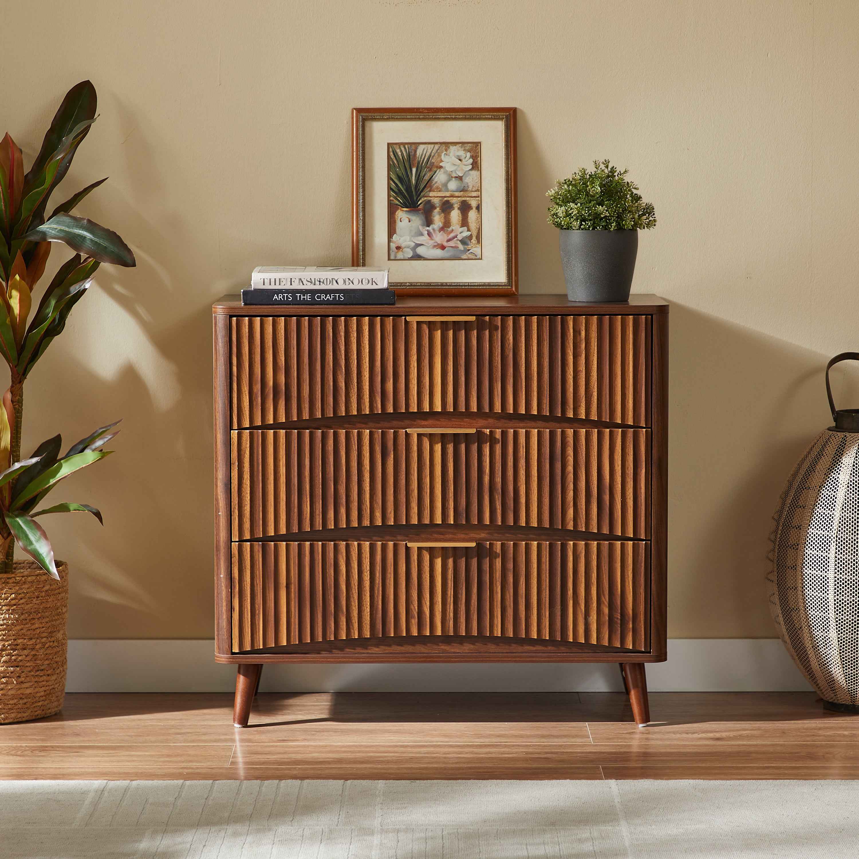 Fluted 3 Drawer Dresser Set of 2, Mid-Century Modern Tall Chest of Drawers with Vertical Grooved Design, Solid Wood Storage Cabinet with Metal Handles for Bedroom Living Room, Walnut