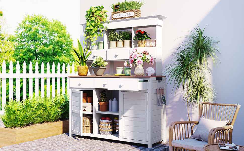 [Assembly Video Provided] TOPMAX 65.7'' H Tall Garden Potting Bench Table with Hutch,Patio Storage Workstation with 3 Shelves,6 Drawers,2 Bottom Cabinets&Side Hooks for Mudroom,Doorway, White