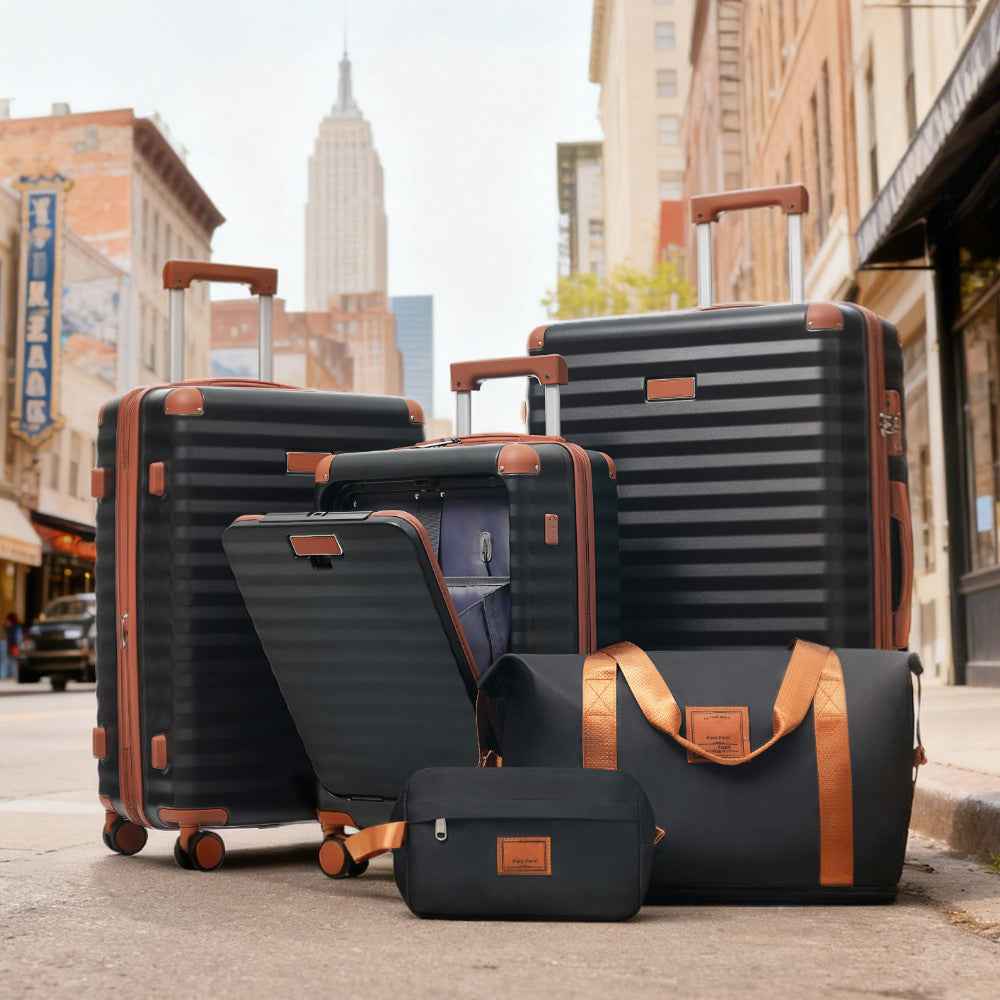 Luggage Sets 5 Piece with Front Opening , Hardside Expandable Carry on Suitcase with Spinner Wheels TSA Lock USB Port  Cup Holder Duffel Bag and Toiletry Bag