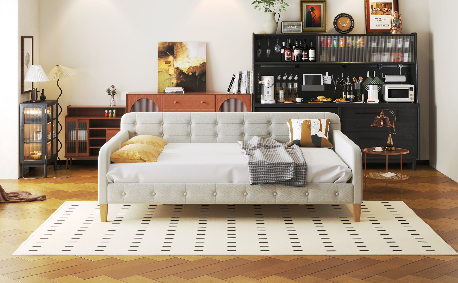 Full Size Upholstered Daybed with 4 Support Legs,White - Abrihome