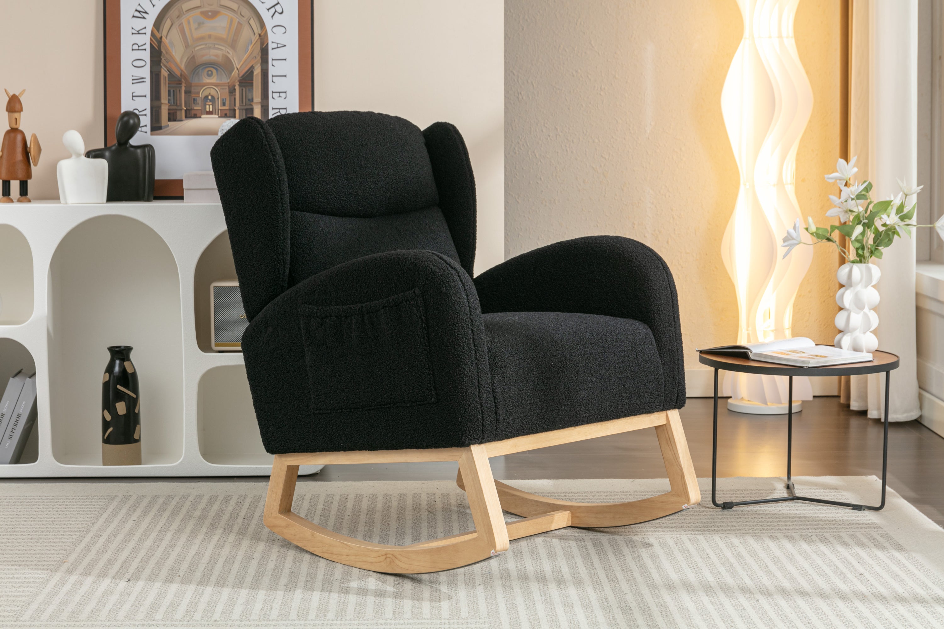 049-Teddy Fabric Rocking Chair With Packet Wood Legs,Black