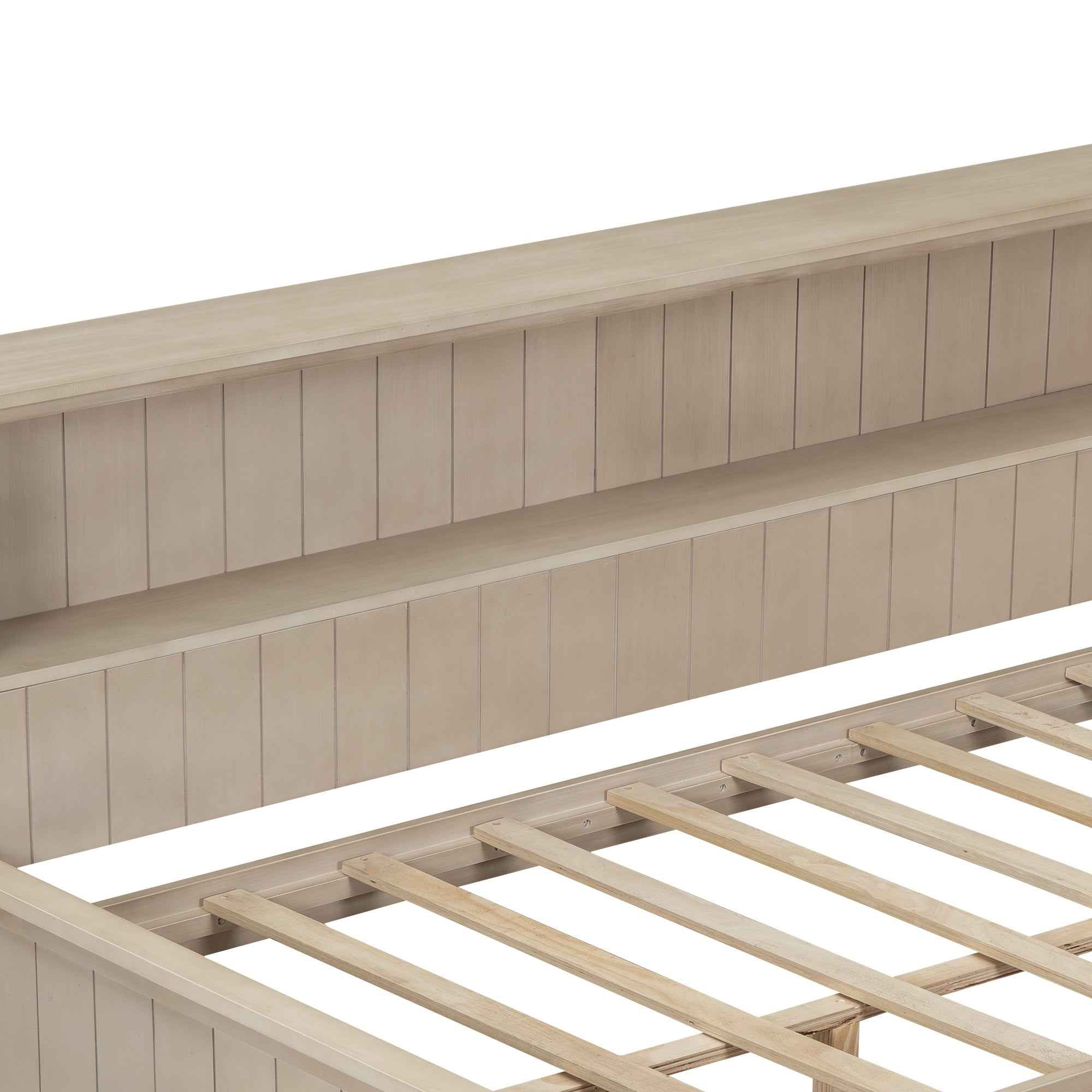 Twin Size Wood Daybed with Storage Shelves and 3 Drawers in Antique White Milk Finish, Solid Pine Wood and MDF