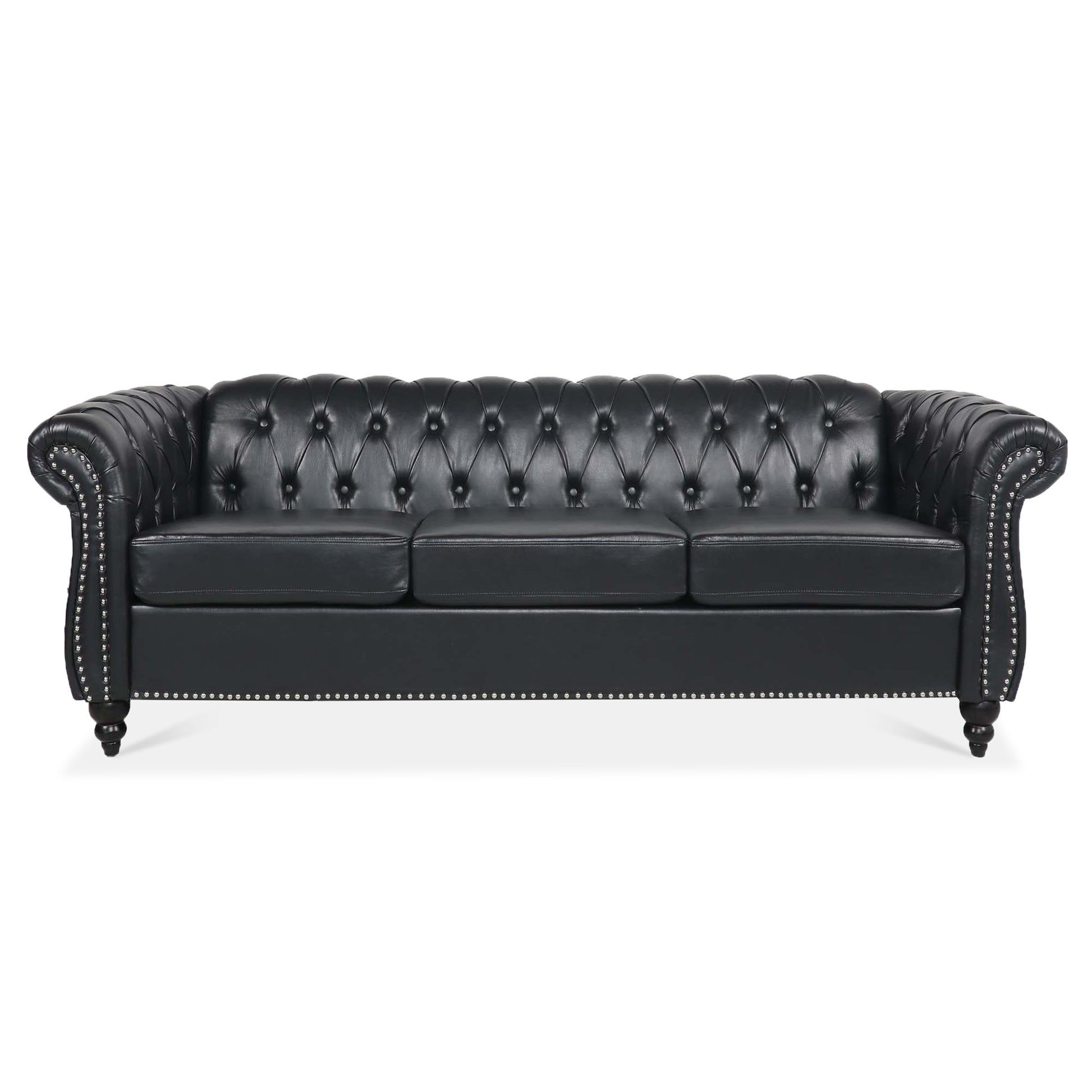 84.65" BLACK PU Rolled Arm Chesterfield Three Seater Sofa. - Abrihome