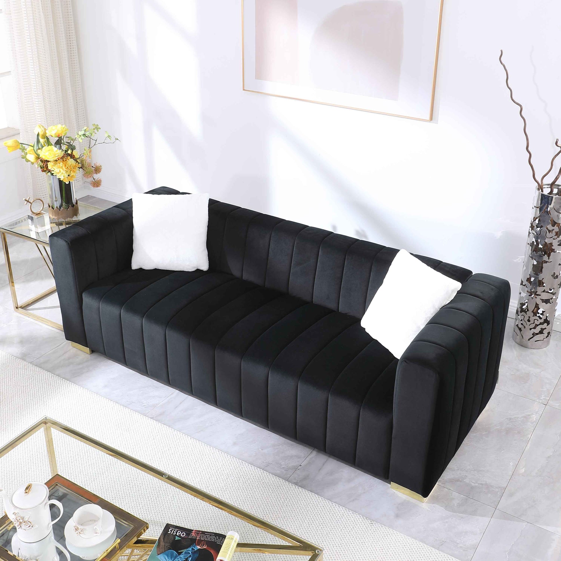 A modern  channel sofa  take on a traditional Chesterfield,Black color,3 seater