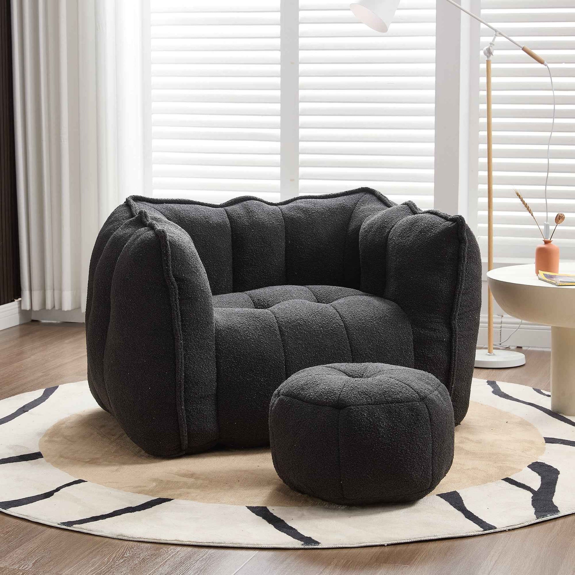 Soft Chenille Bean Bag Chair with High Resilient Foam for Living Room and Bedroom, Comfortable Square Lazy Sofa with Footstool for Adults