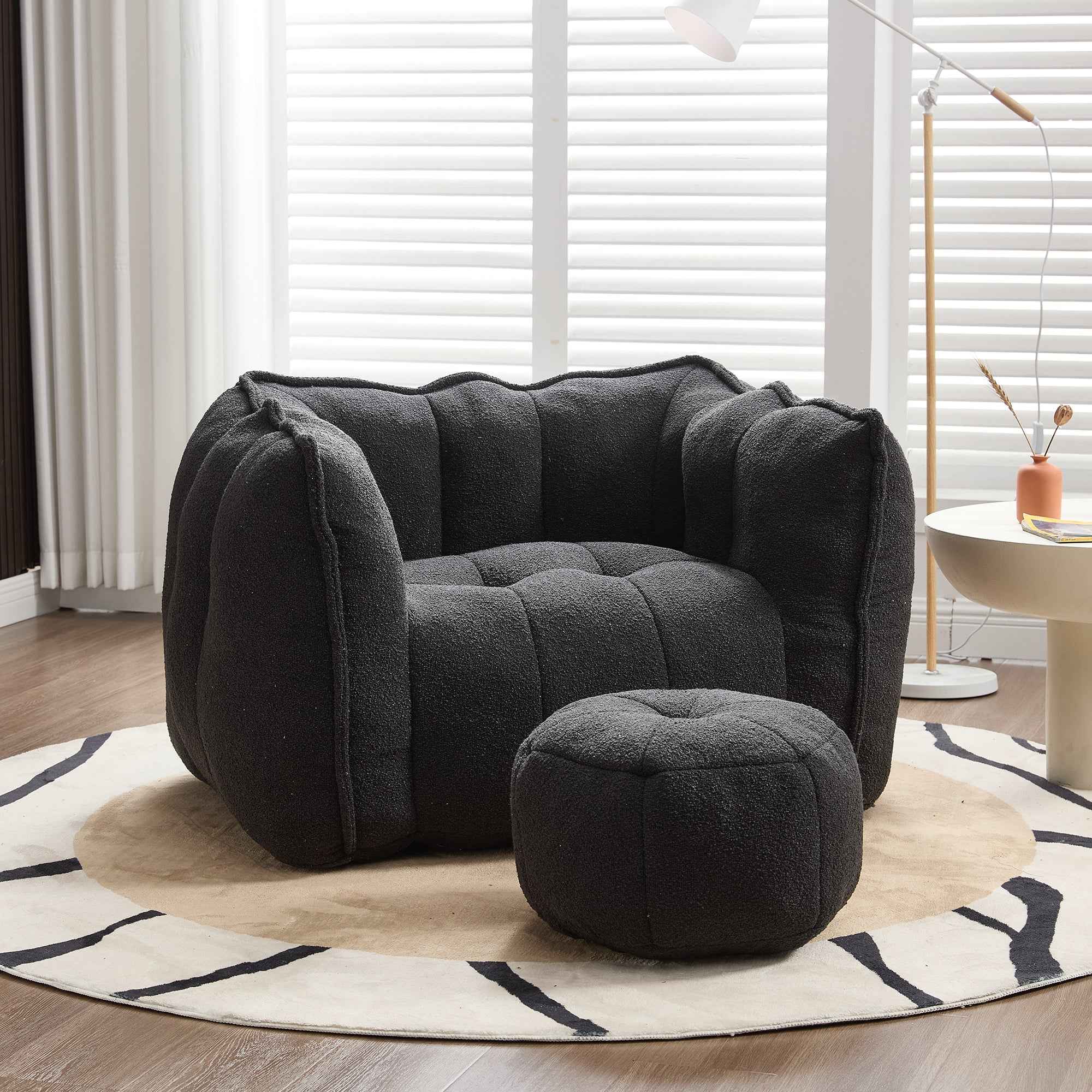 Soft Chenille Bean Bag Chair with High Resilient Foam for Living Room and Bedroom, Comfortable Square Lazy Sofa with Footstool for Adults