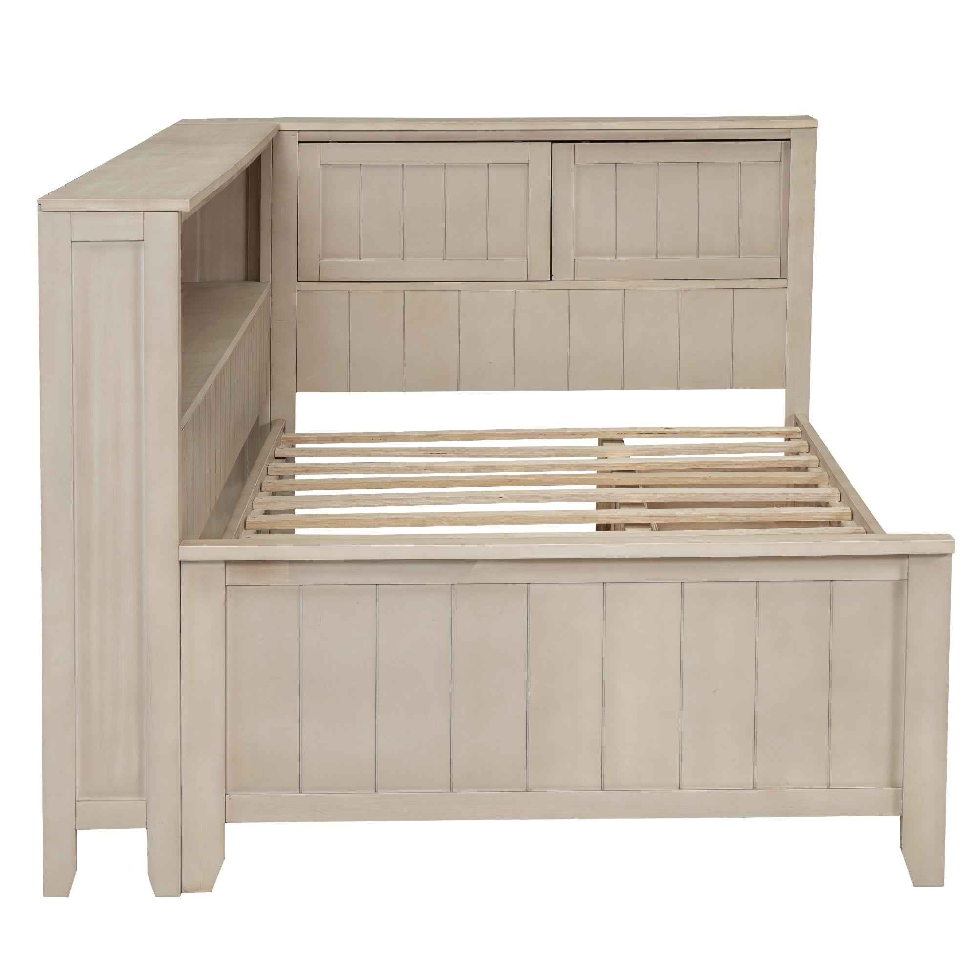 Twin Size Wood Daybed with Storage Shelves and 3 Drawers in Antique White Milk Finish, Solid Pine Wood and MDF