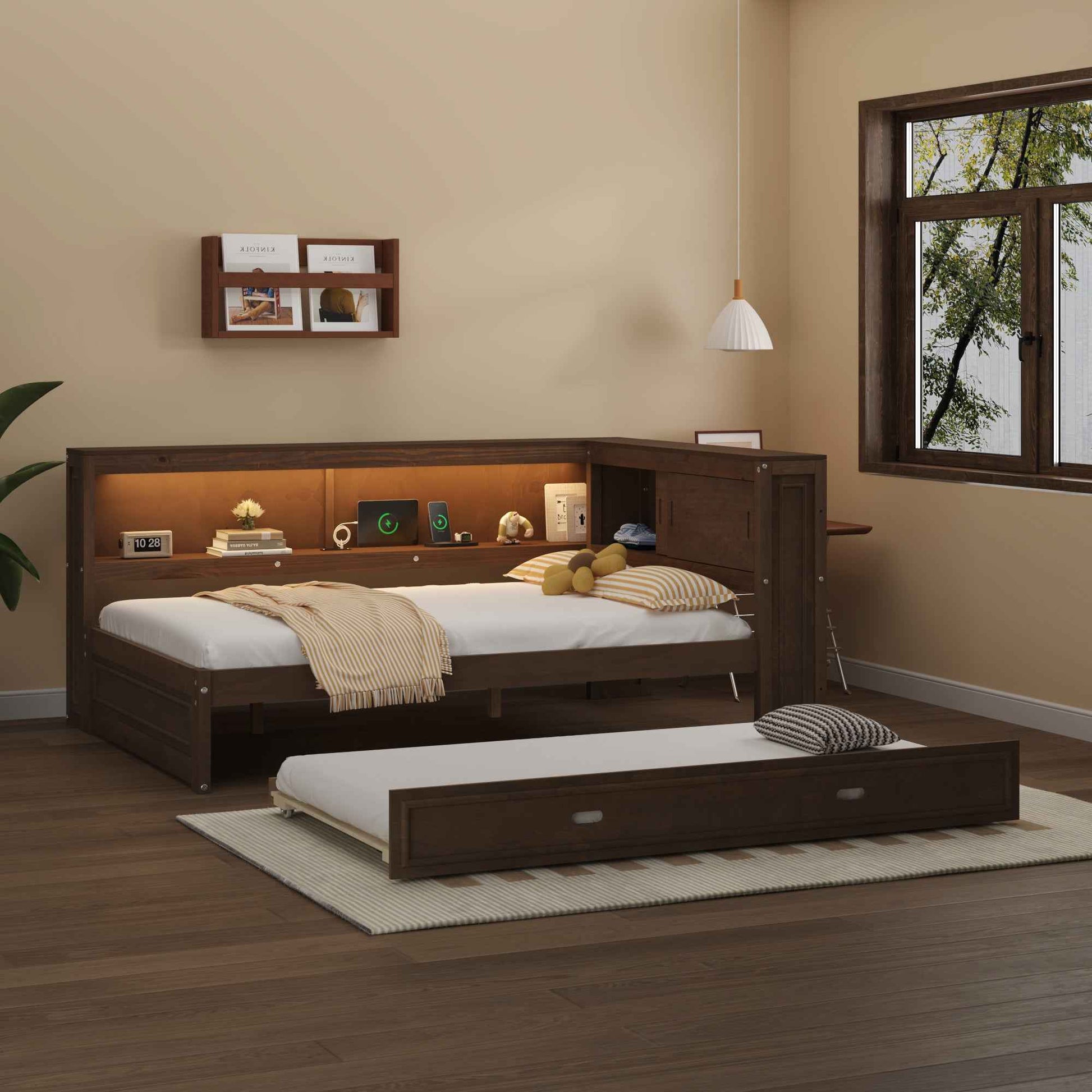 Full Size Wood Daybed with Storage Shelves, USB, LED, and Trundle in Antique Wood Color, Solid Pine Wood+MDF, 86.2''L x 65.7''W x 37.7''H