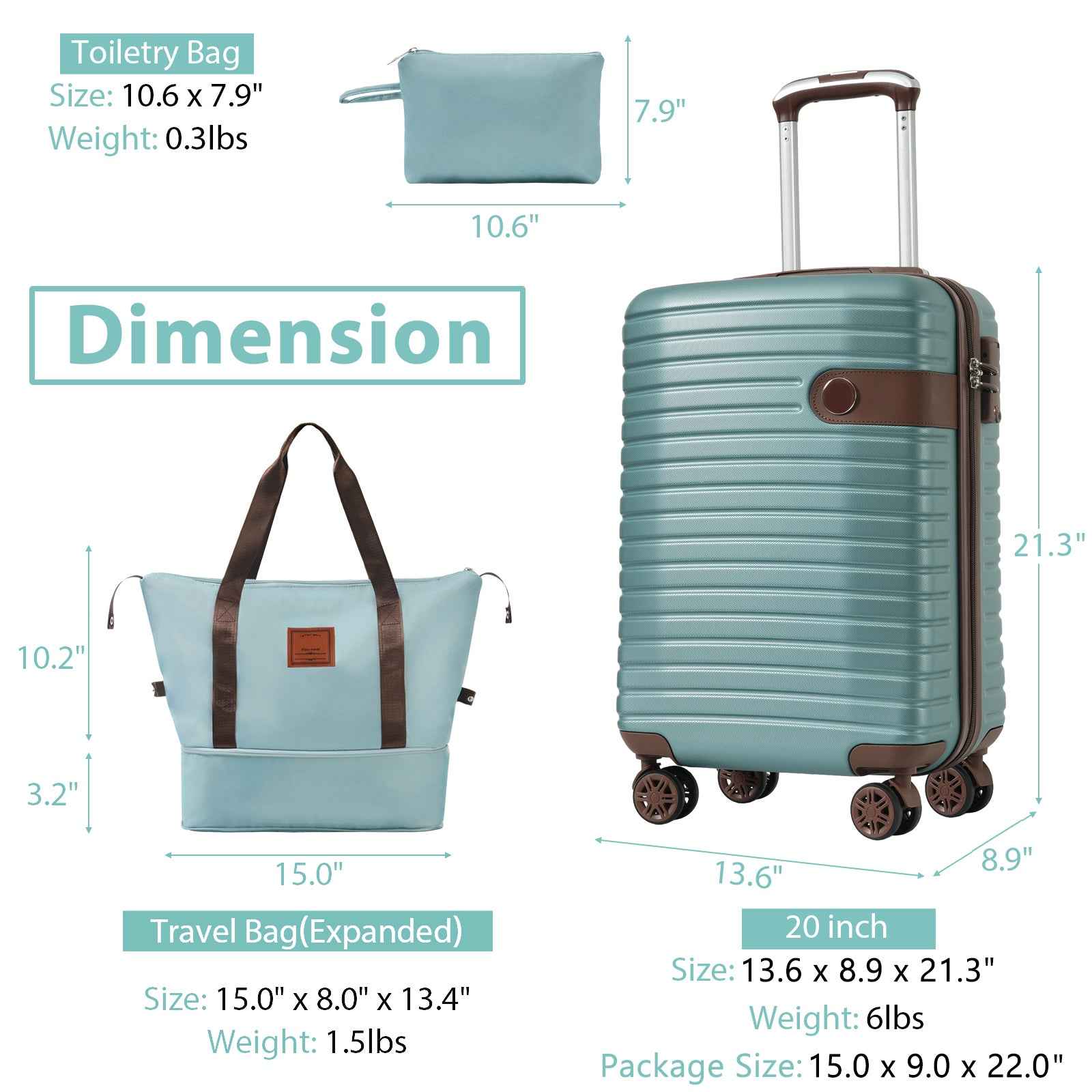 Luggage Sets 3 Piece Carry on Luggage 22x14x9 Airline Approved, Lightweight Hardshell ABS Suitcases with Wheels, 20 inch, Blue