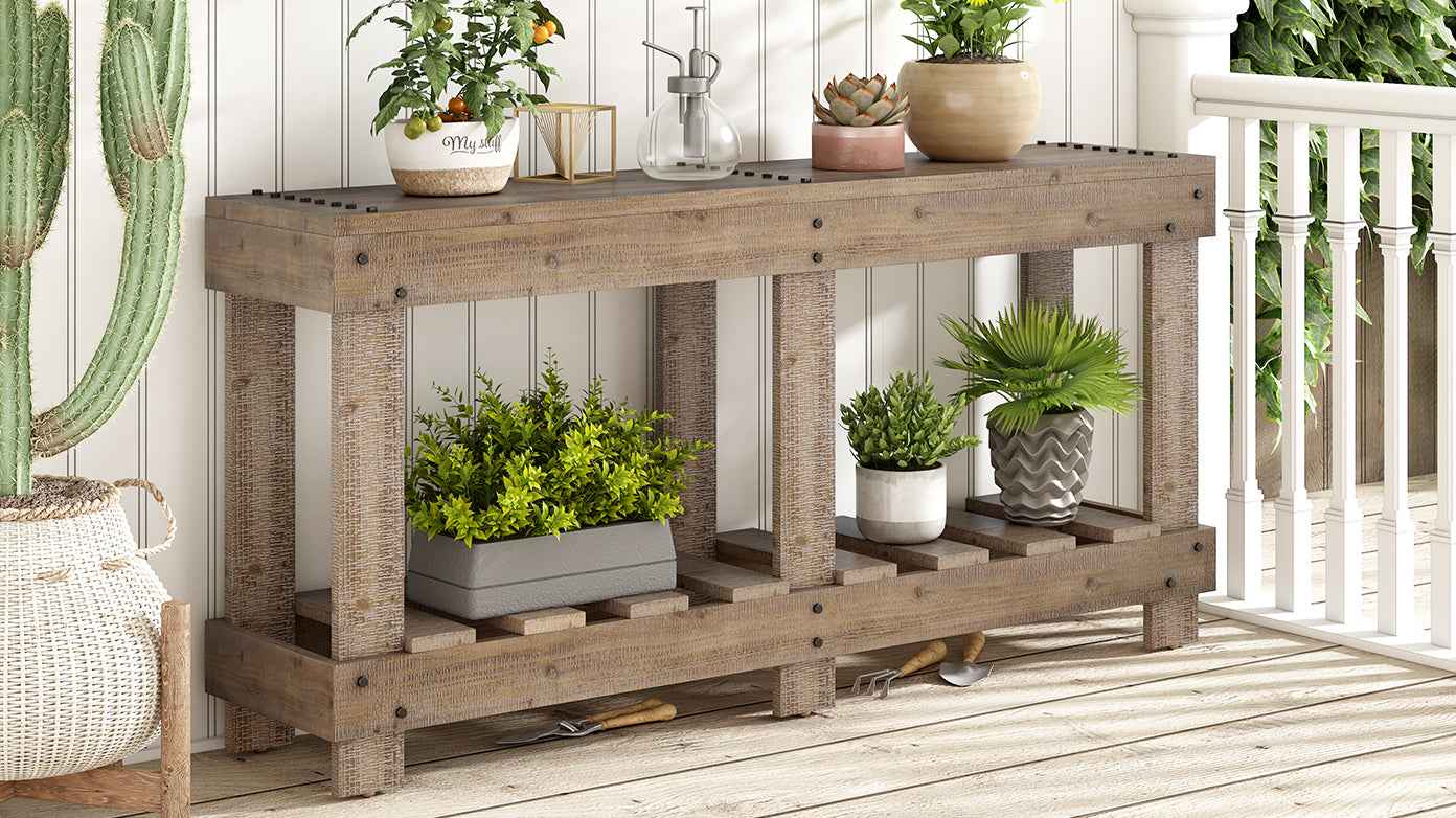 U_Style 62.9' Vintage Entryway Table - Fir Solid Wood with Natural Grain, 6 Reinforced Legs & 4.5' Thick Desktop, Metal Rivet Decor & Plank Under-Shelf, Console Table for Hallway, Living Room