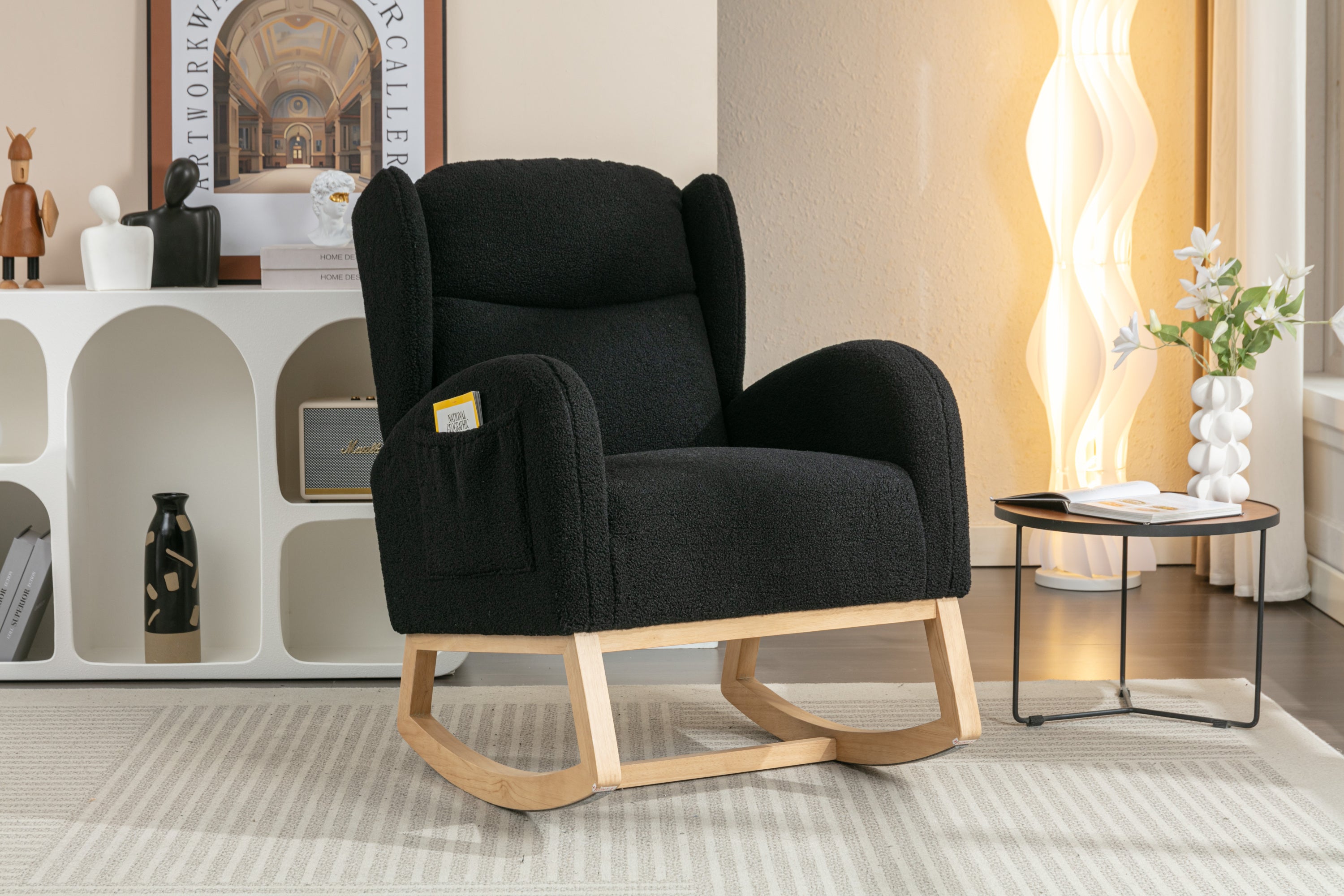 049-Teddy Fabric Rocking Chair With Packet Wood Legs,Black